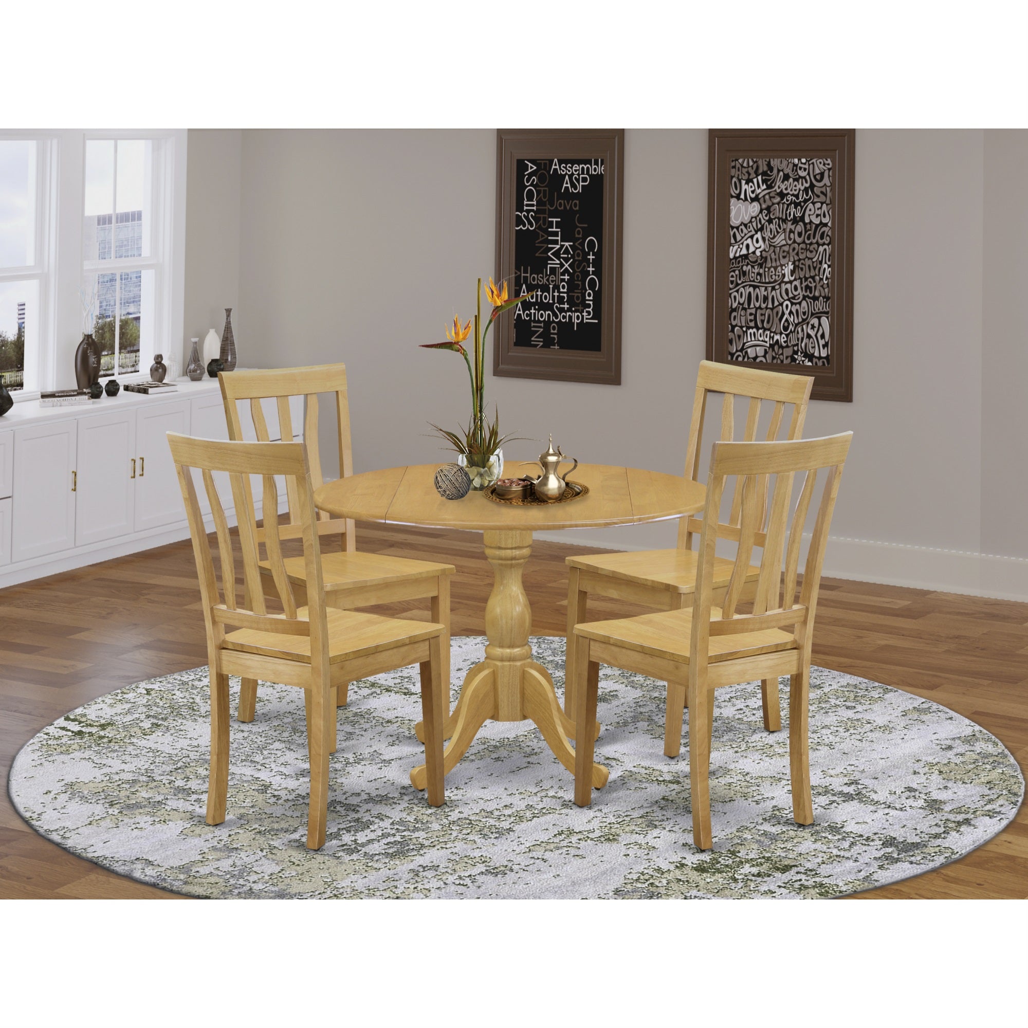 East West Furniture Dman5-Oak-W 5 Pc Dining Room Table Set - Oak Dropleaf Dining Room Table And 4 Oak Wooden Dining Chairs With Slatted Back - Oak Finish