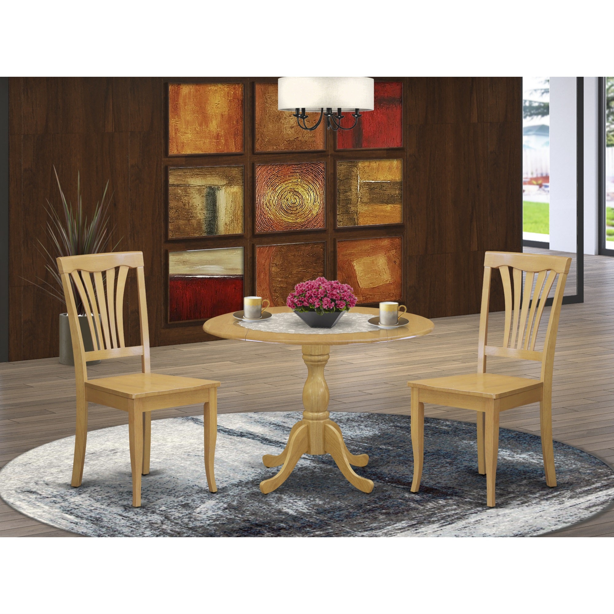 East West Furniture Dmav3-Oak-W 3 Piece Dining Room Table Set - Dropleaf Dining Room Table And 2 Oak Wooden Dining Chairs With Slatted Back - Oak Finish