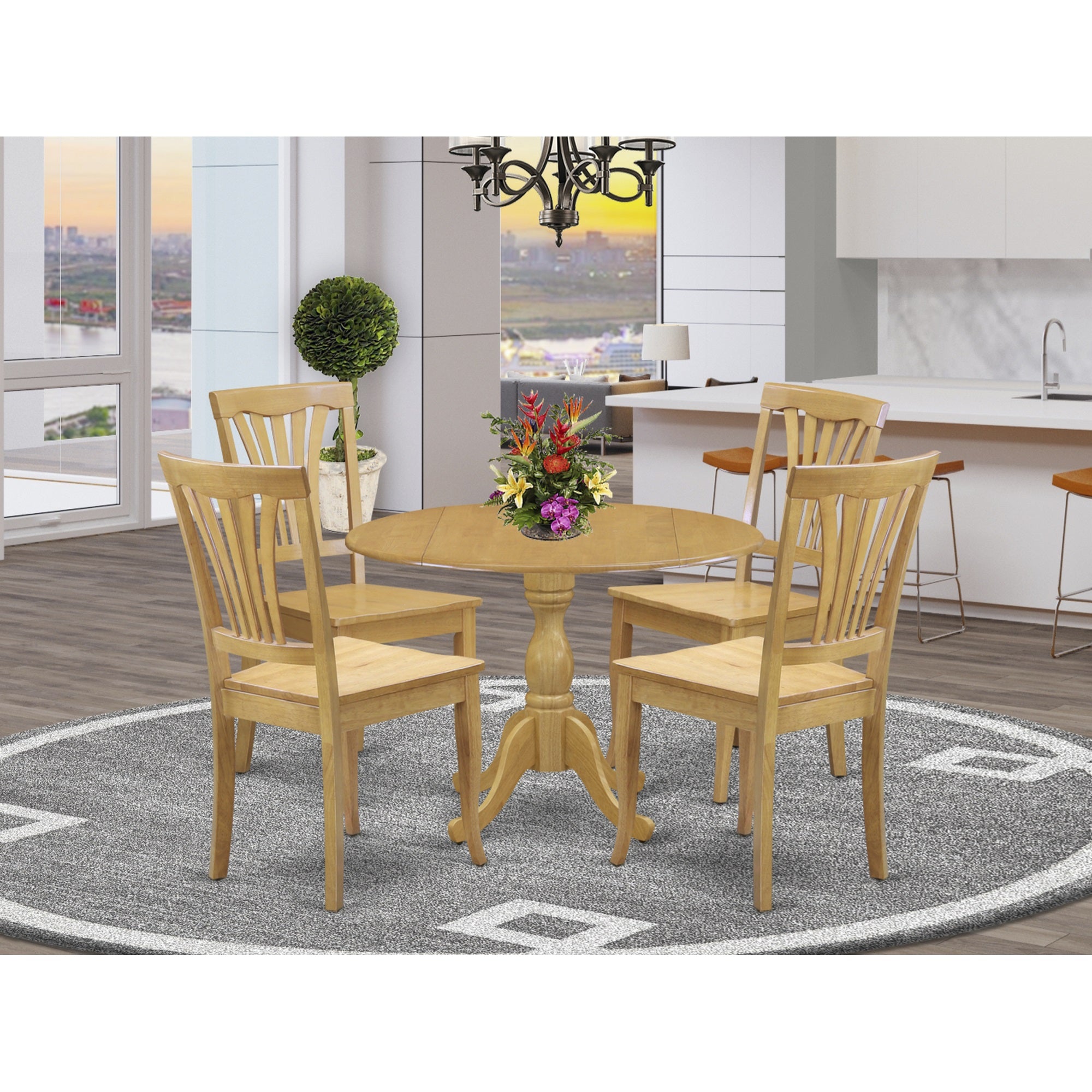 East West Furniture Dmav5-Oak-W 5 Piece Dining Room Table Set - Dropleaf Dining Room Table And 4 Oak Wooden Dining Chairs With Slatted Back - Oak Finish