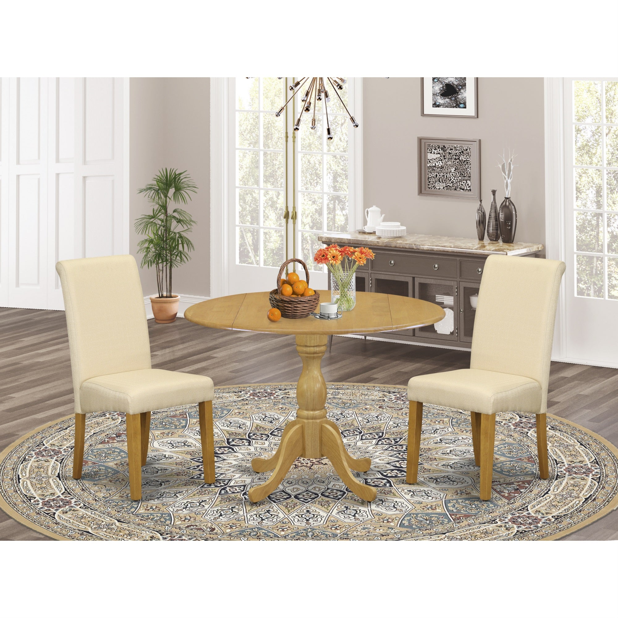 East West Furniture Dmba3-Oak-02 3 Piece Dining Table Set - Oak Modern Dining Table And 2 Light Beige Linen Fabric Dining Room Chairs With High Back - Oak Finish