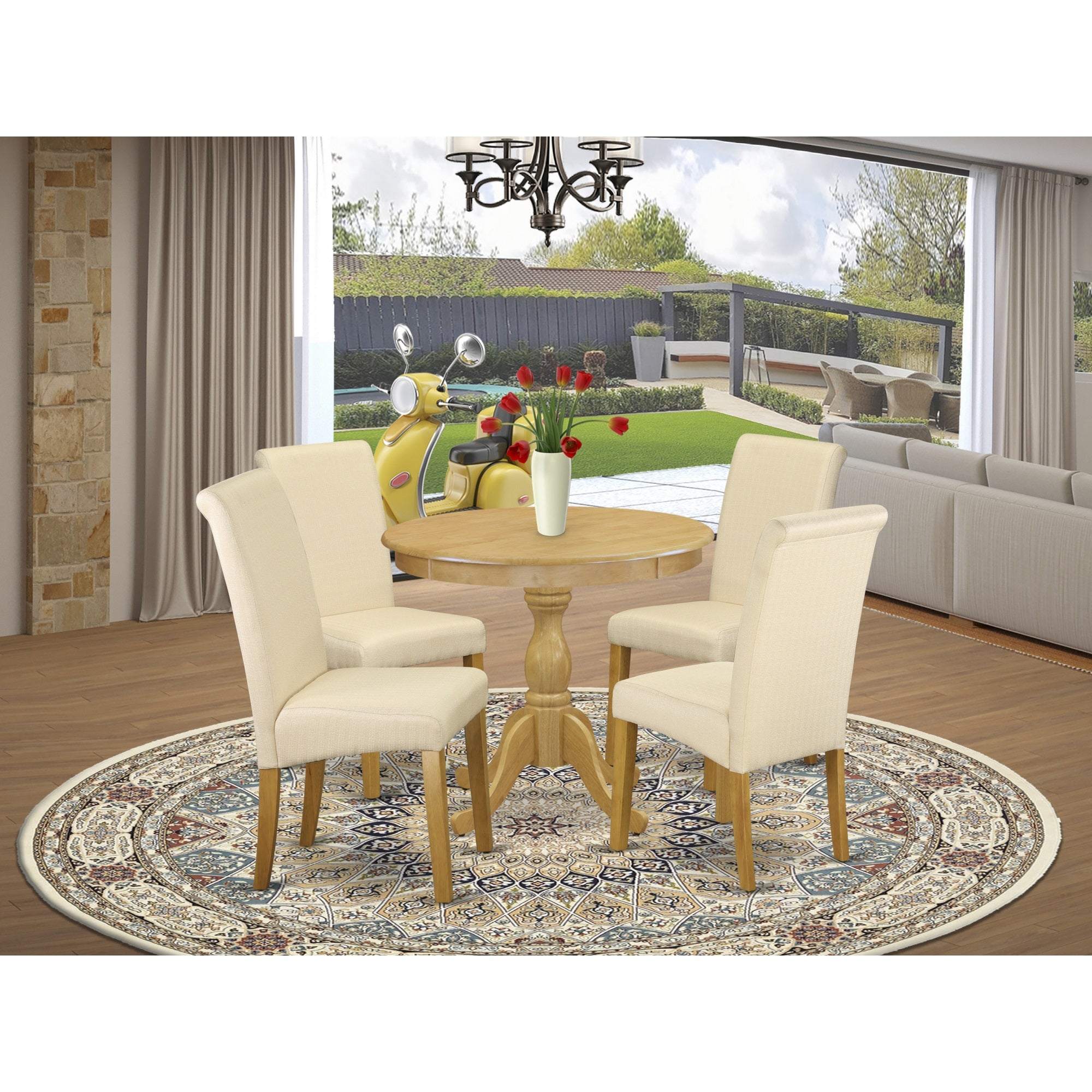 East West Furniture Dmba5-Oak-02 5 Piece Kitchen Table Set - Oak Round Dining Table And 4 Light Beige Linen Fabric Upholstered Dining Chairs With High Back - Oak Finish