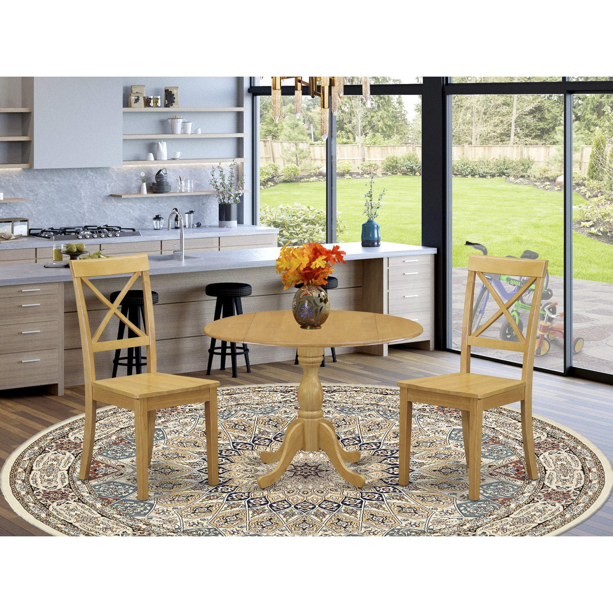 East West Furniture Dmbo3-Oak-W 3 Piece Dining Room Table Set - Dropleaf Oak Dining Room Table And 2 Oak Wooden Dining Chairs With X-Back - Oak Finish