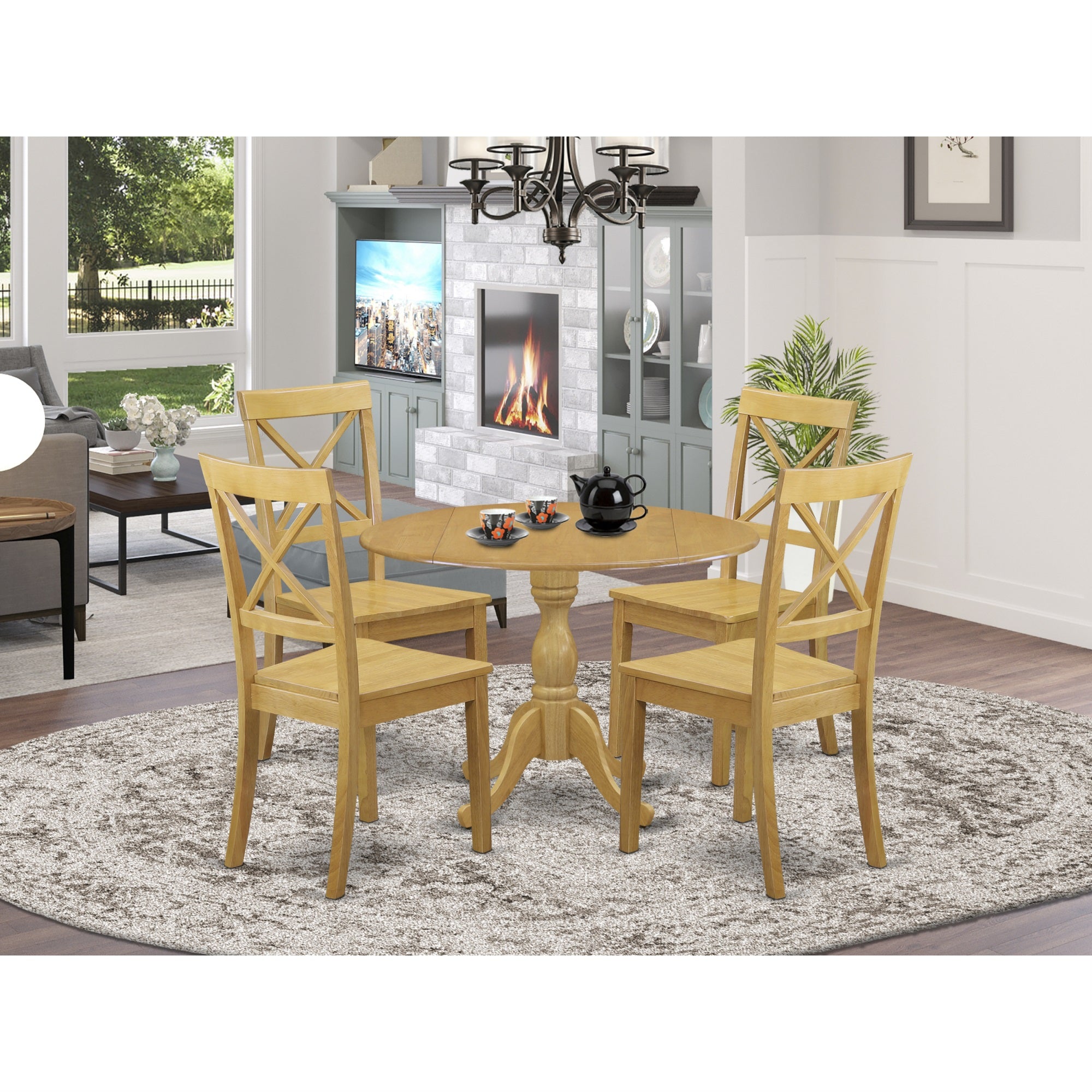 East West Furniture Dmbo5-Oak-W 5 Pc Dining Table Set - Mid Century Modern Dining Room Table And 4 Oak Wooden Dining Room Chairs With X-Back - Oak Finish