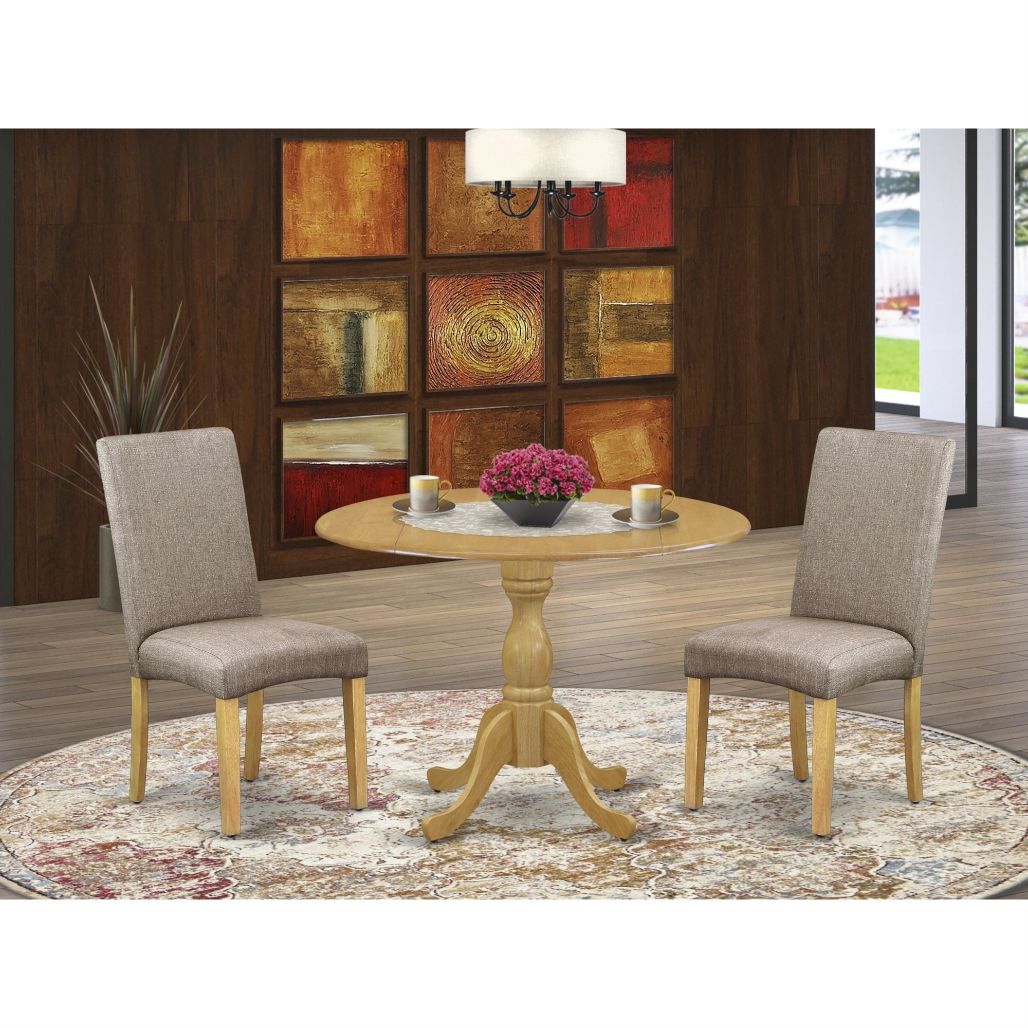 East West Furniture Dmdr3-Oak-16 3 Piece Table And Chairs Dining Set - Oak Modern Dining Table And 2 Dark Khaki Linen Fabric Modern Chairs With High Back - Oak Finish
