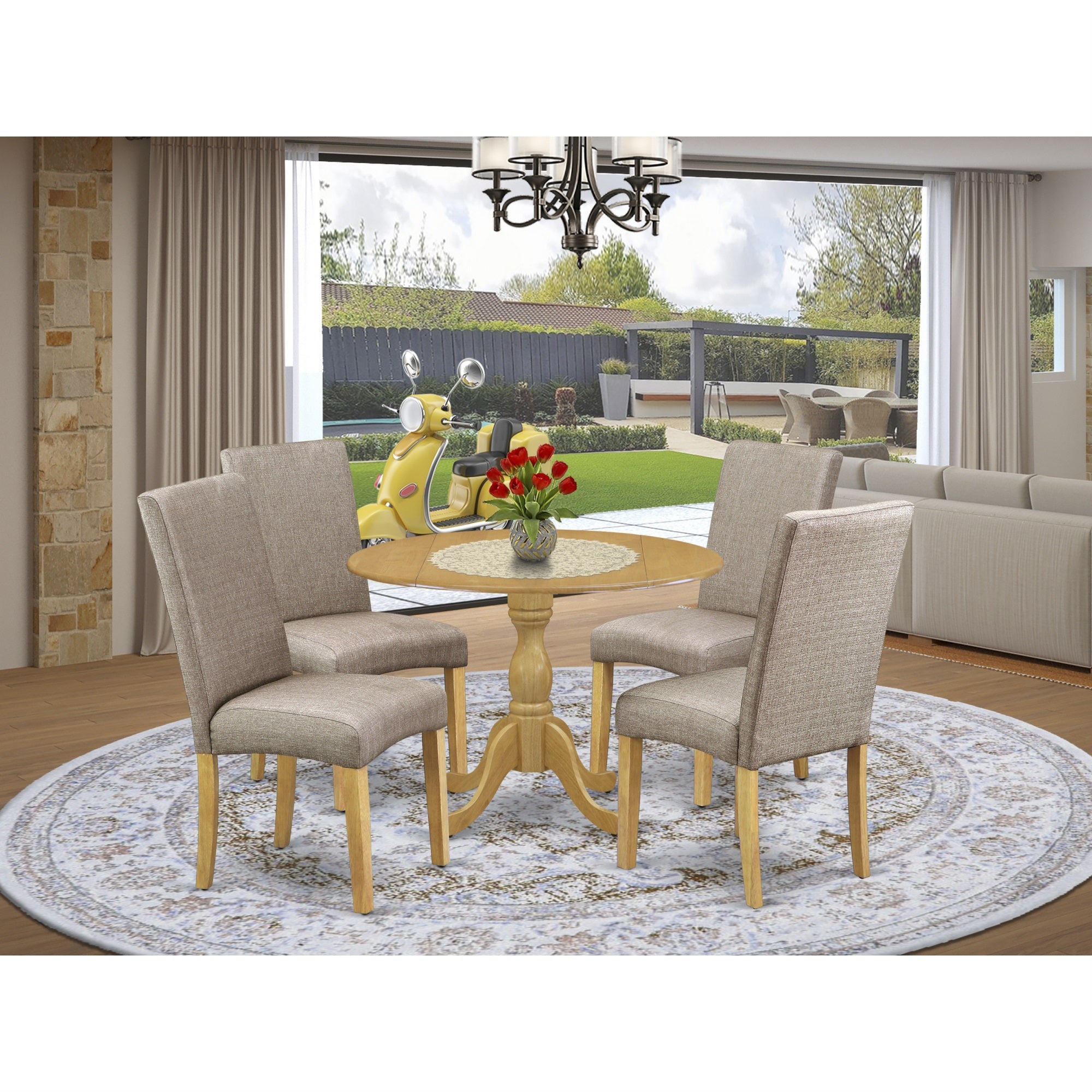 East West Furniture Dmdr5-Oak-16 5 Piece Kitchen Dining Table Set - Oak Wood Table And 4 Dark Khaki Linen Fabric Modern Dining Chairs With High Back - Oak Finish