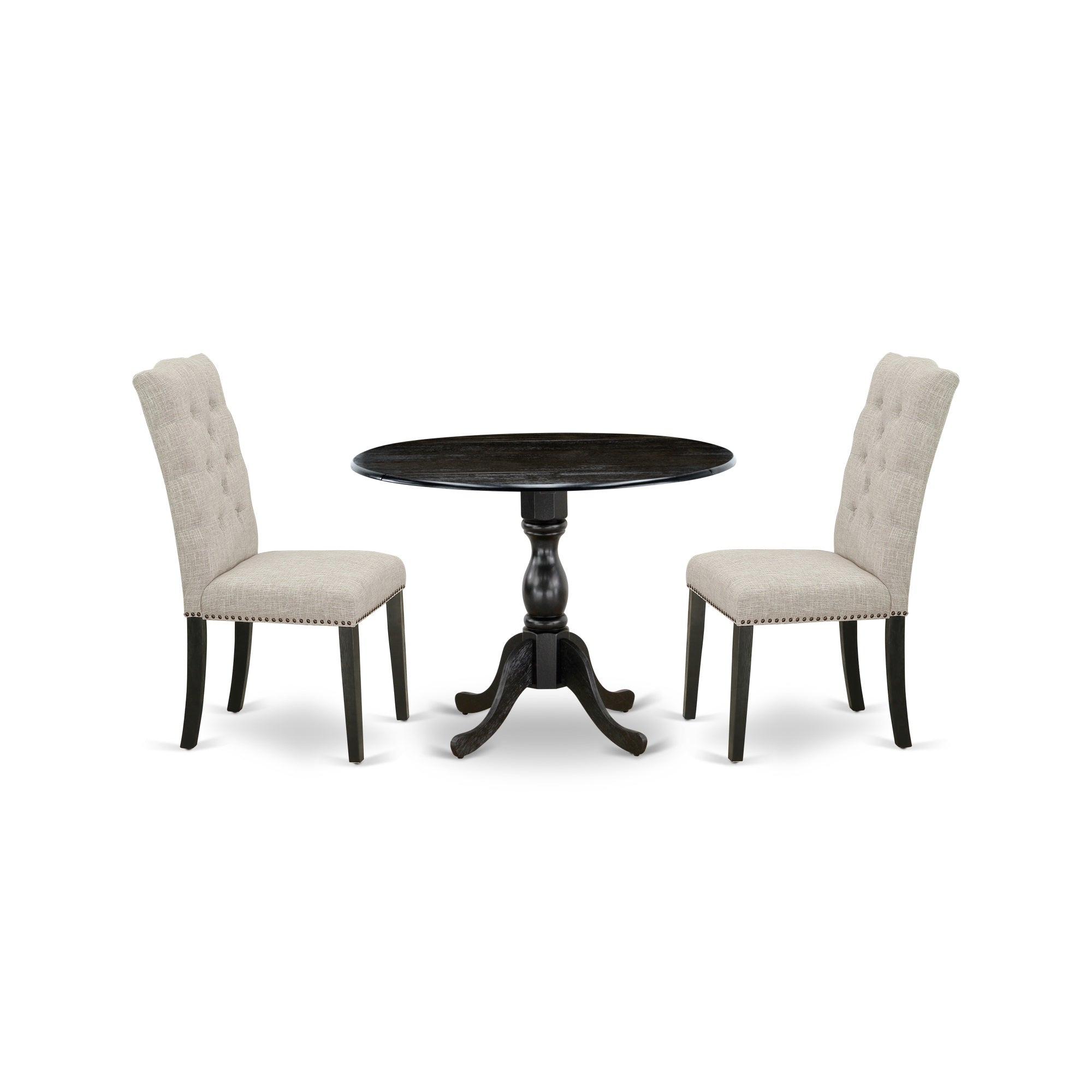 East West Furniture Dmel3-Abk-35 3 Piece Wood Dining Table Set Includes 1 Drop Leaves Dining Table And 2 Doeskin Linen Fabric Dining Room Chair With High Back - Wire Brushed Black Finish