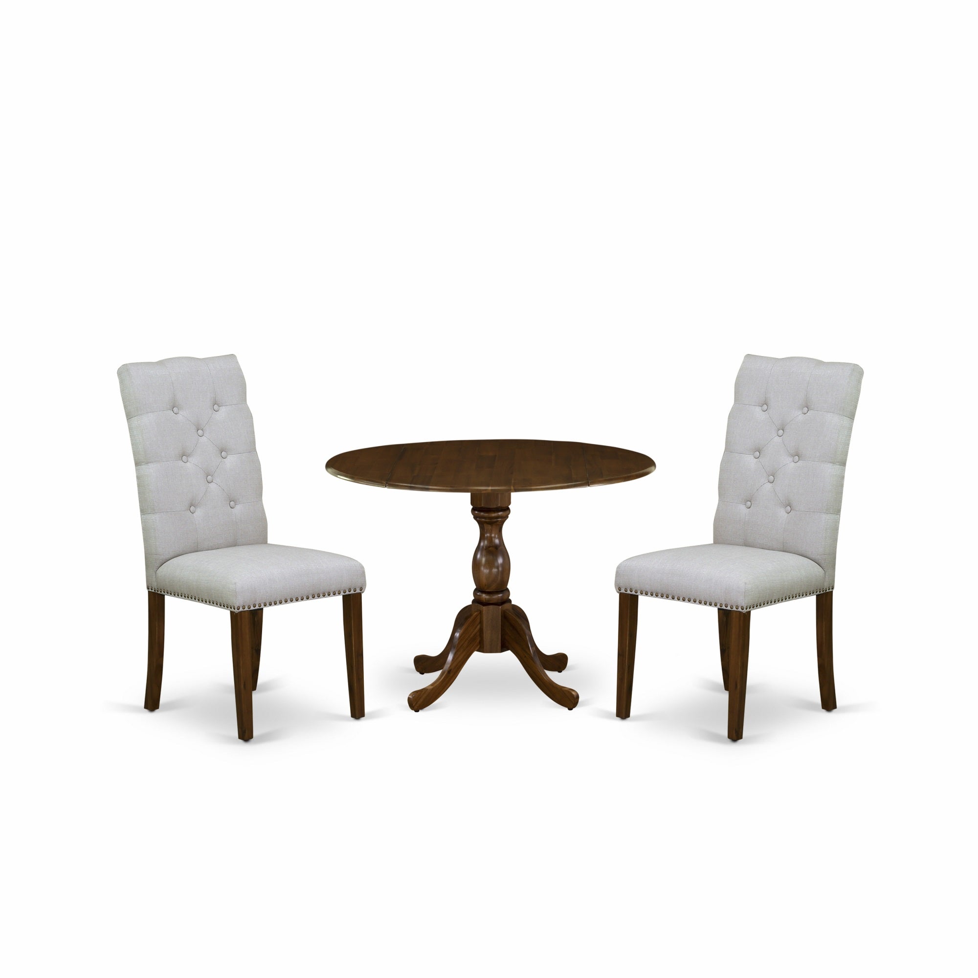 East West Furniture Dmel3-Awa-05 3 Piece Dinette Sets Contains 1 Drop Leaves Modern Kitchen Table And 2 Grey Linen Fabric Parsons Chair Button Tufted Back With Nail Heads - Acacia Walnut Finish