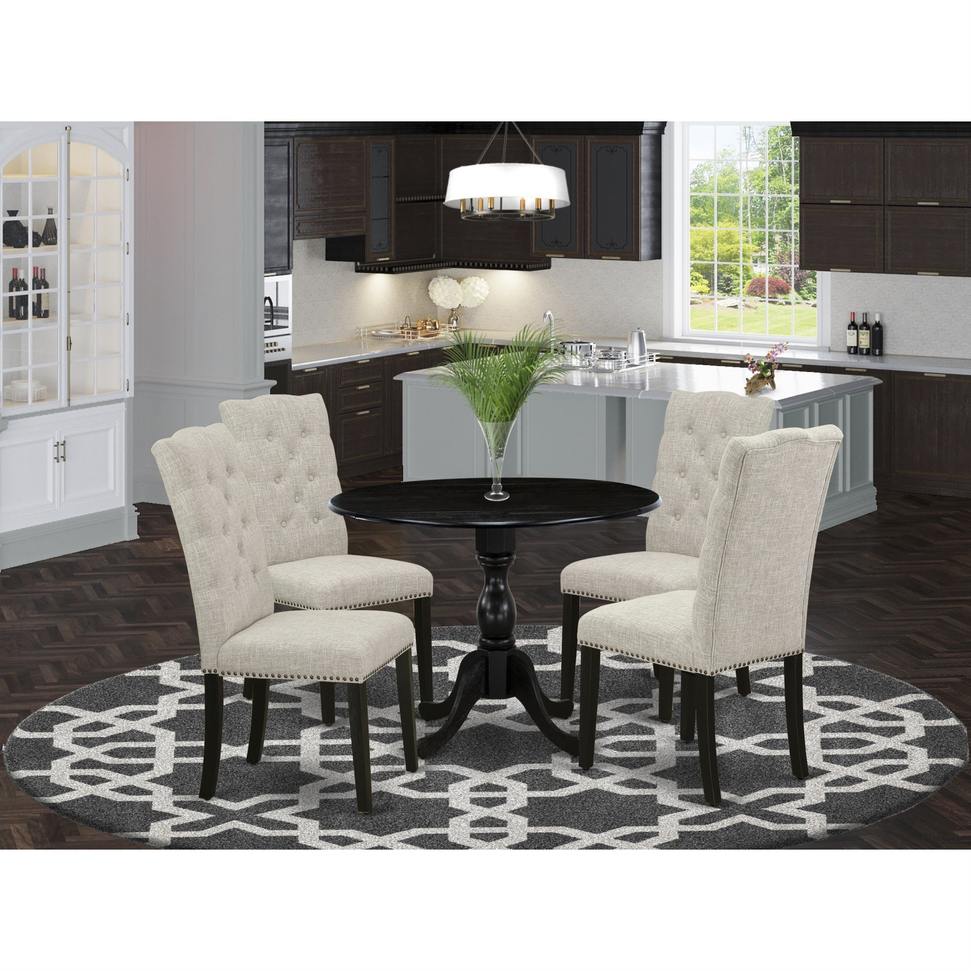 East West Furniture Dmel5-Abk-35 5 Piece Dining Table Set Consists Of 1 Drop Leaves Modern Kitchen Table And 4 Doeskin Linen Fabric Dinning Chairs With High Back - Wire Brushed Black Finish