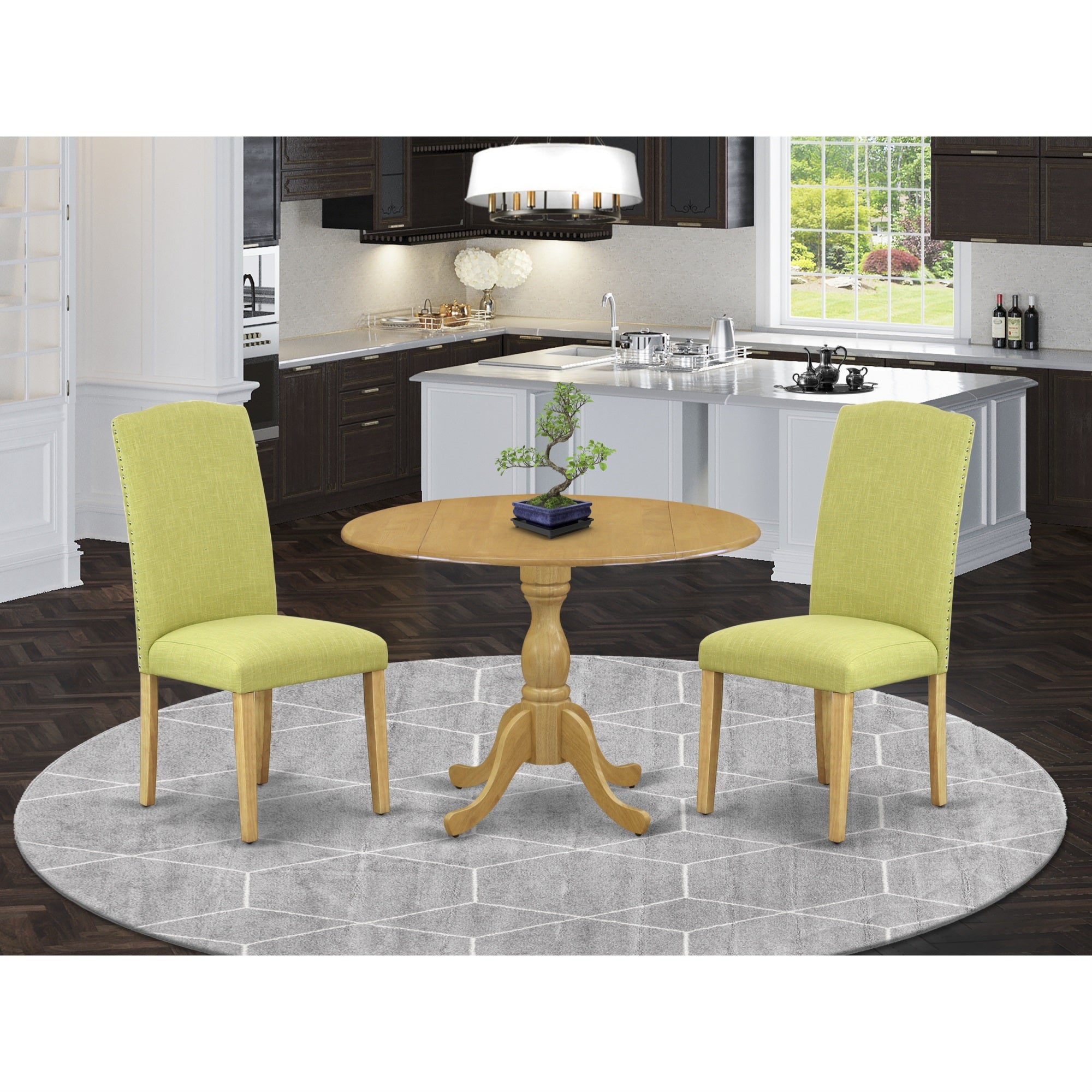 East West Furniture Dmen3-Oak-07 3 Piece Dining Room Set - Oak Small Dining Table And 2 Limelight Linen Fabric Dining Room Chairs With High Back - Oak Finish