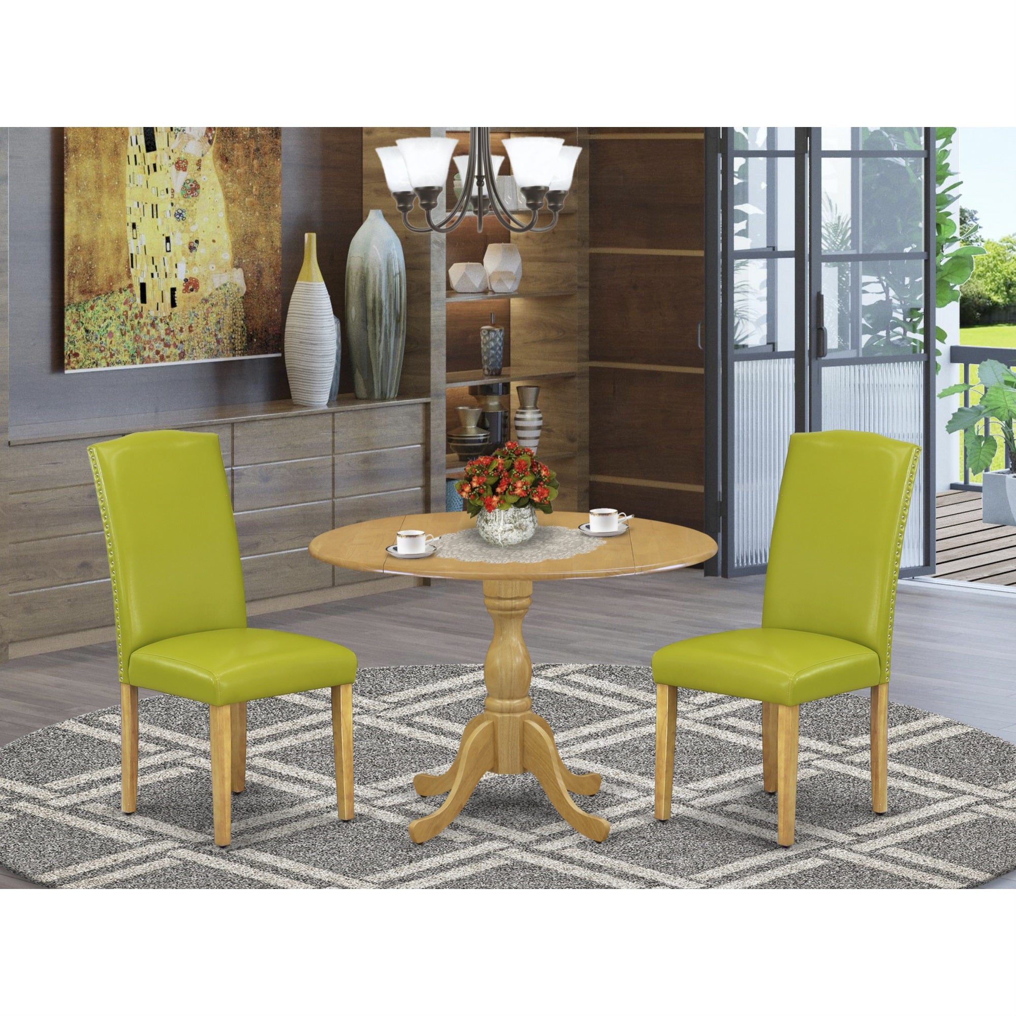 East West Furniture Dmen3-Oak-51 3 Piece Kitchen Table Set - Oak Breakfast Table And 2 Autumn Green Pu Leather Chairs For Dining Room With High Back - Oak Finish