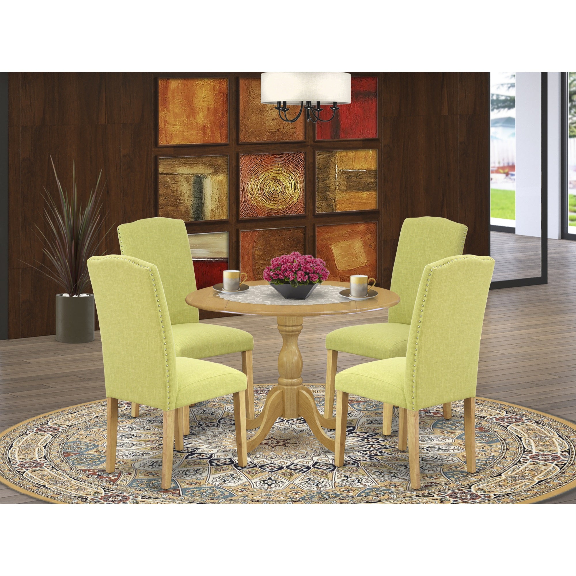 East West Furniture Dmen5-Oak-07 5 Piece Dining Table Set - Oak Round Dining Table And 4 Limelight Linen Fabric Dining Room Chairs With High Back - Oak Finish