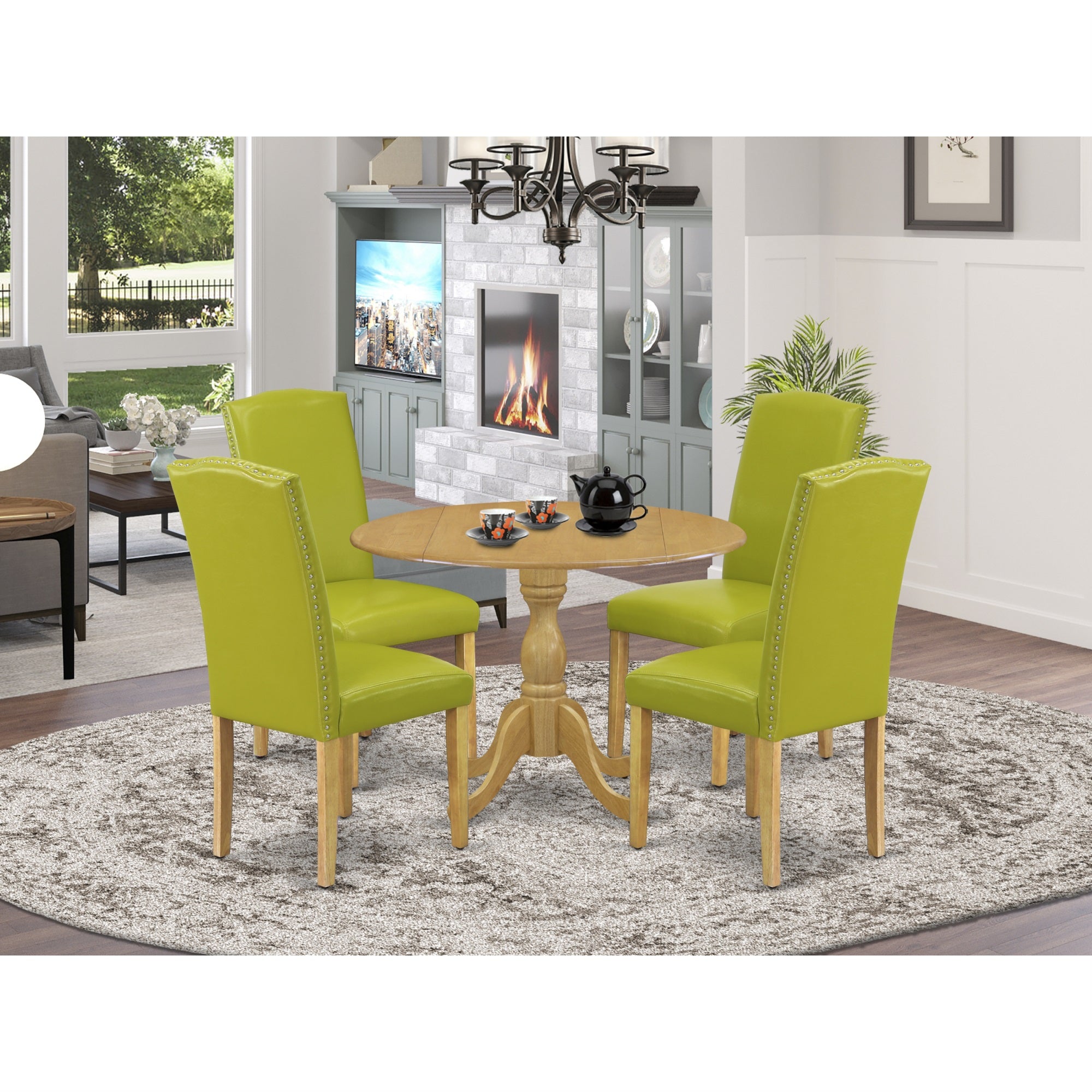 East West Furniture Dmen5-Oak-51 5 Piece Modern Dining Table Set - Oak Breakfast Table And 4 Autumn Green Pu Leather Dining Chairs With High Back - Oak Finish