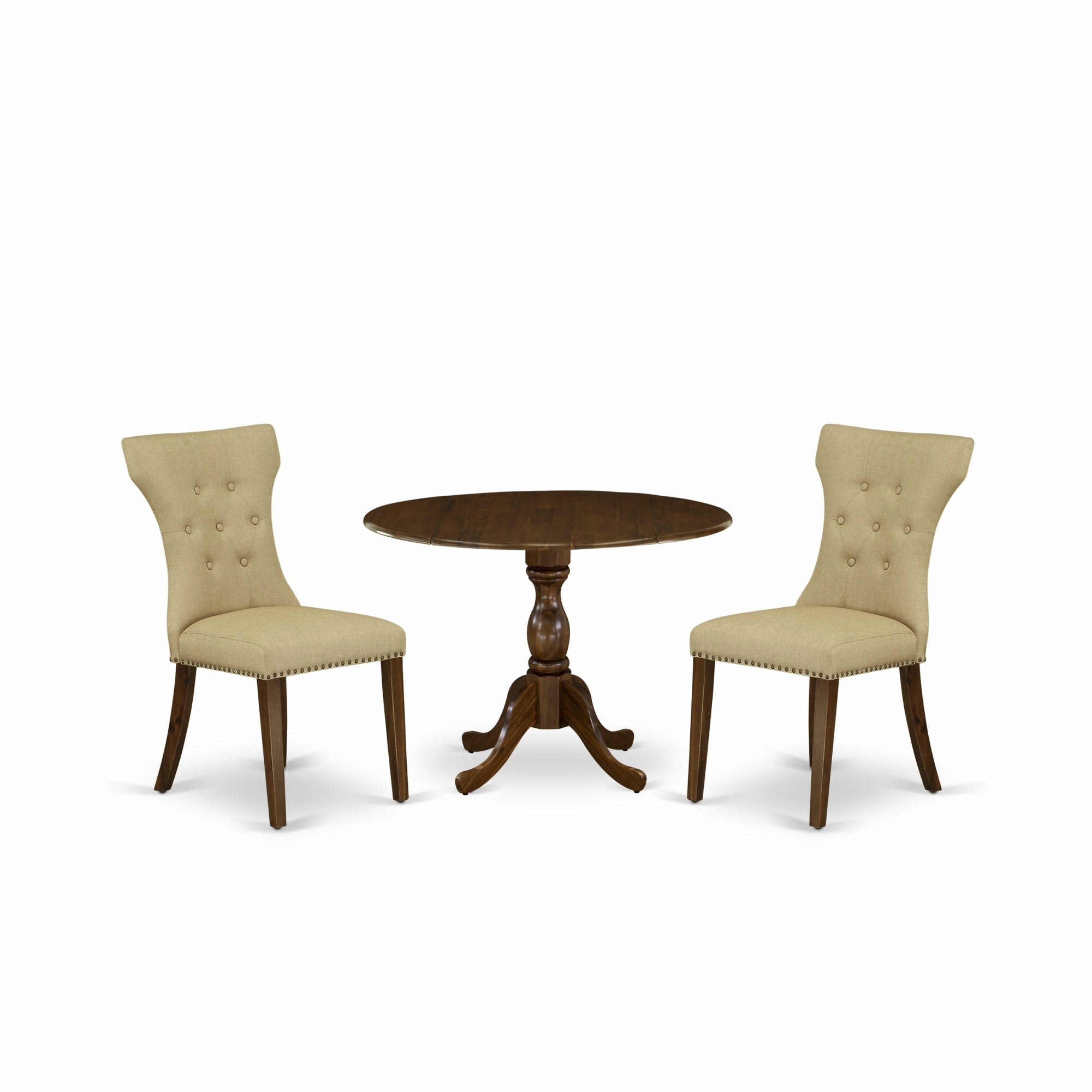 East West Furniture Dmga3-Awa-03 3 Piece Modern Dining Table Set Contains 1 Drop Leaves Dining Table And 2 Brown Linen Fabric Kitchen Chair Button Tufted Back With Nail Heads - Acacia Walnut Finish