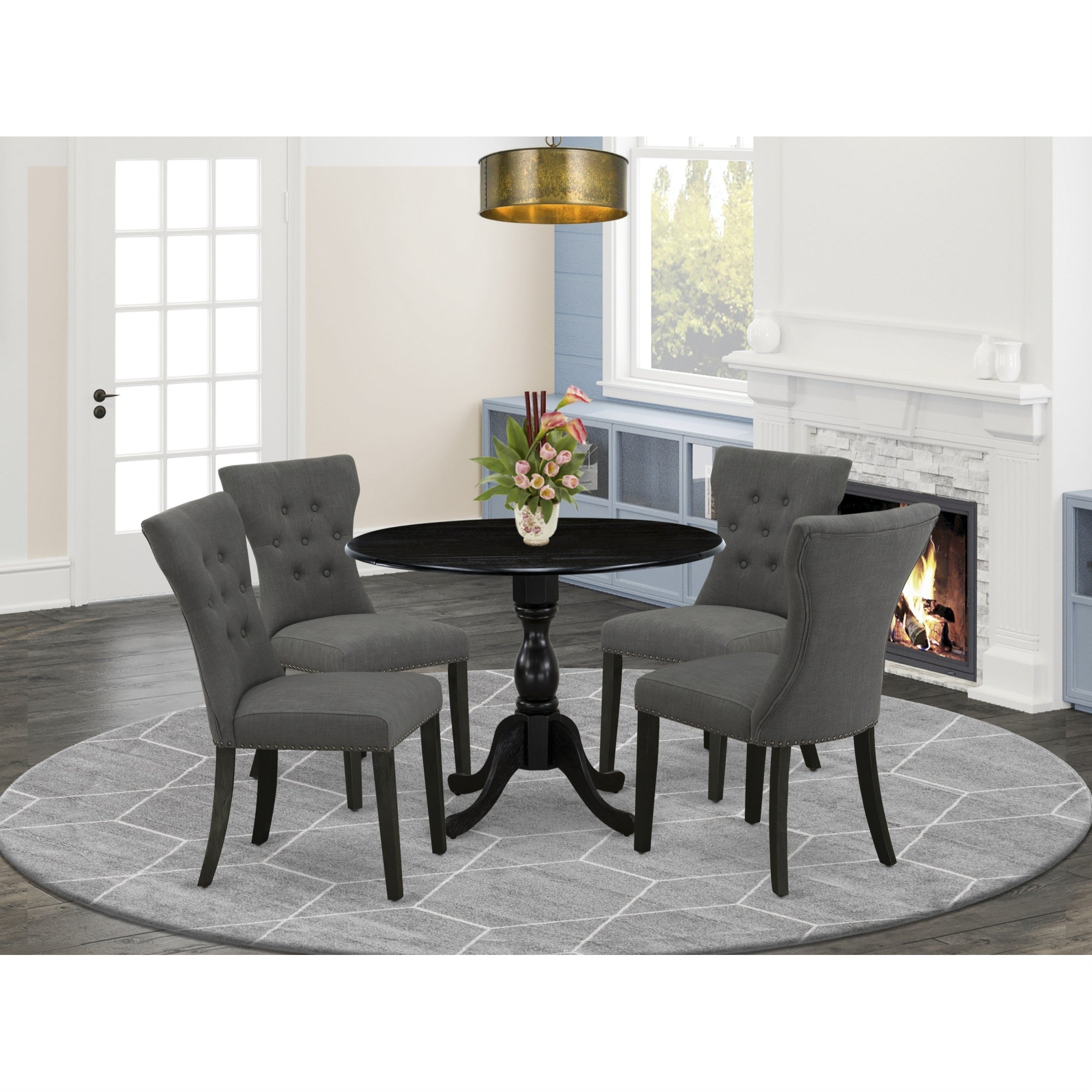 East West Furniture Dmga5-Abk-50 5 Pc Dining Set Includes 1 Drop Leaves Table And 4 Dark Gotham Grey Linen Fabric Dining Chair Button Tufted Back With Nail Heads - Wire Brushed Black Finish