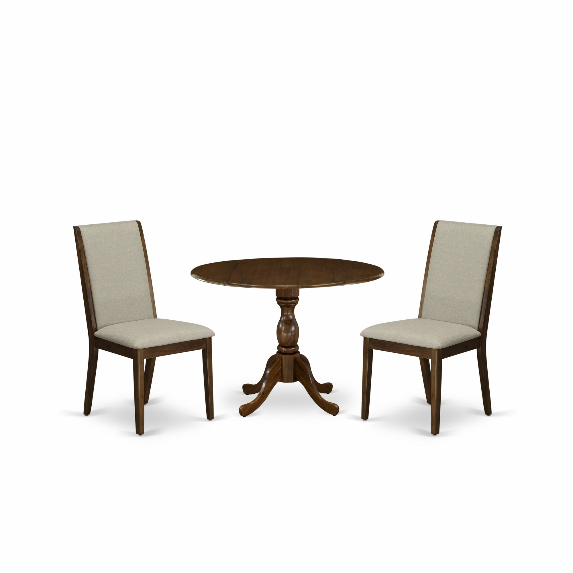 East West Furniture Dmla3-Awa-05 3 Piece Modern Dining Table Set Contains 1 Drop Leaves Dining Room Table And 2 Grey Linen Fabric Upholstered Chair With High Back - Acacia Walnut Finish