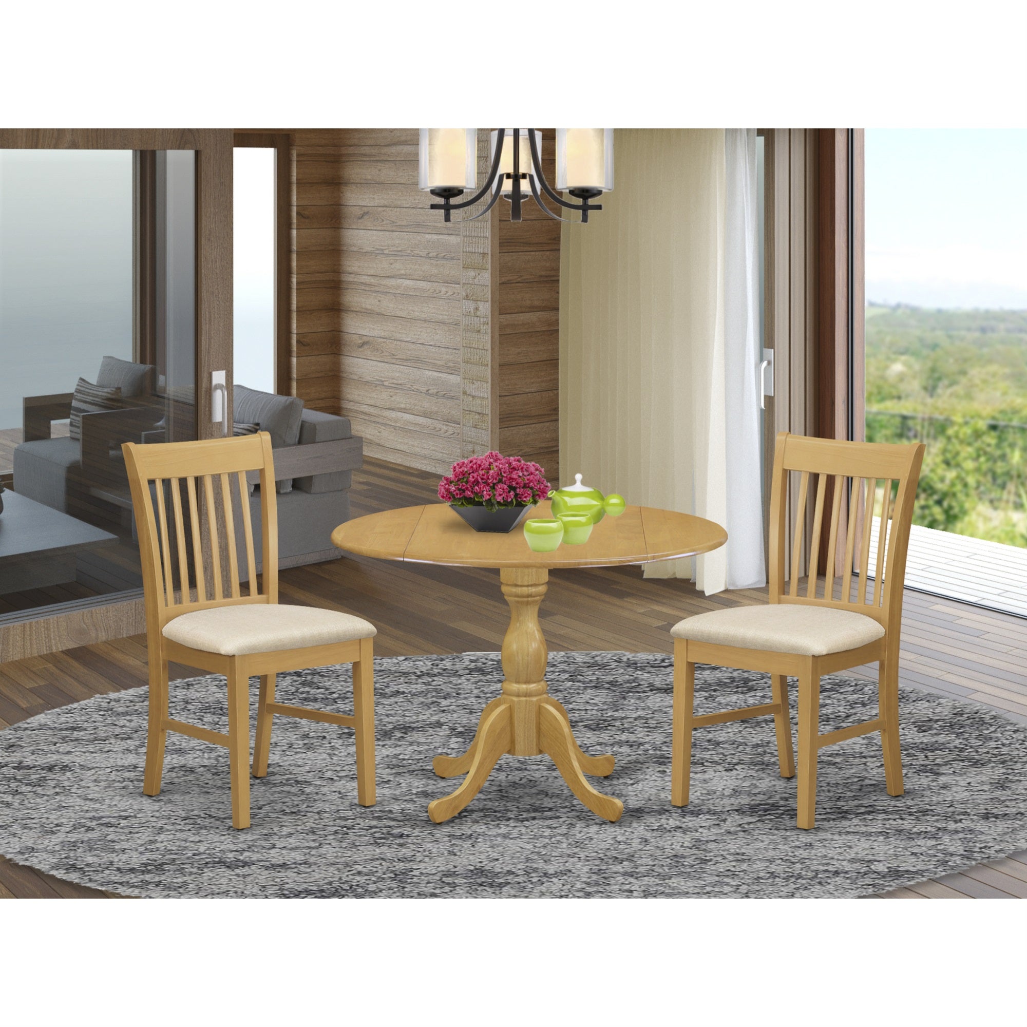 East West Furniture Dmnf3-Oak-C 3 Piece Dining Room Table Set - Oak Wood Dining Table And 2 Oak Linen Fabric Kitchen Chairs With Slatted Back - Oak Finish