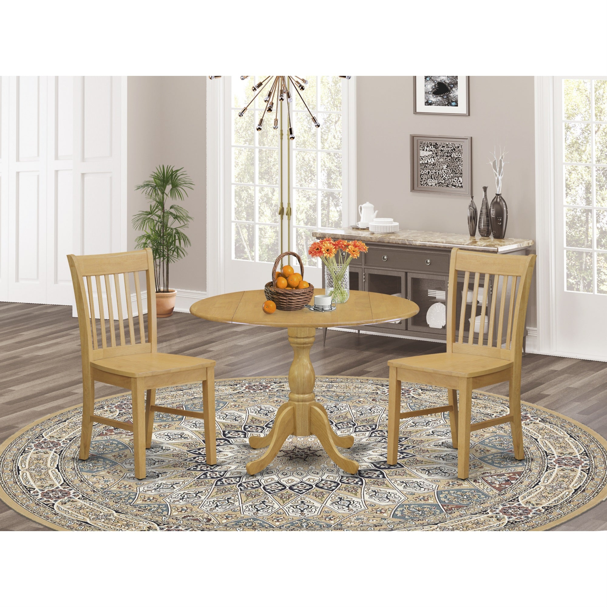 East West Furniture Dmnf3-Oak-W 3 Piece Kitchen Dining Table Set - Oak Wood Dining Room Table And 2 Oak Modern Kitchen Chairs With Slatted Back - Oak Finish