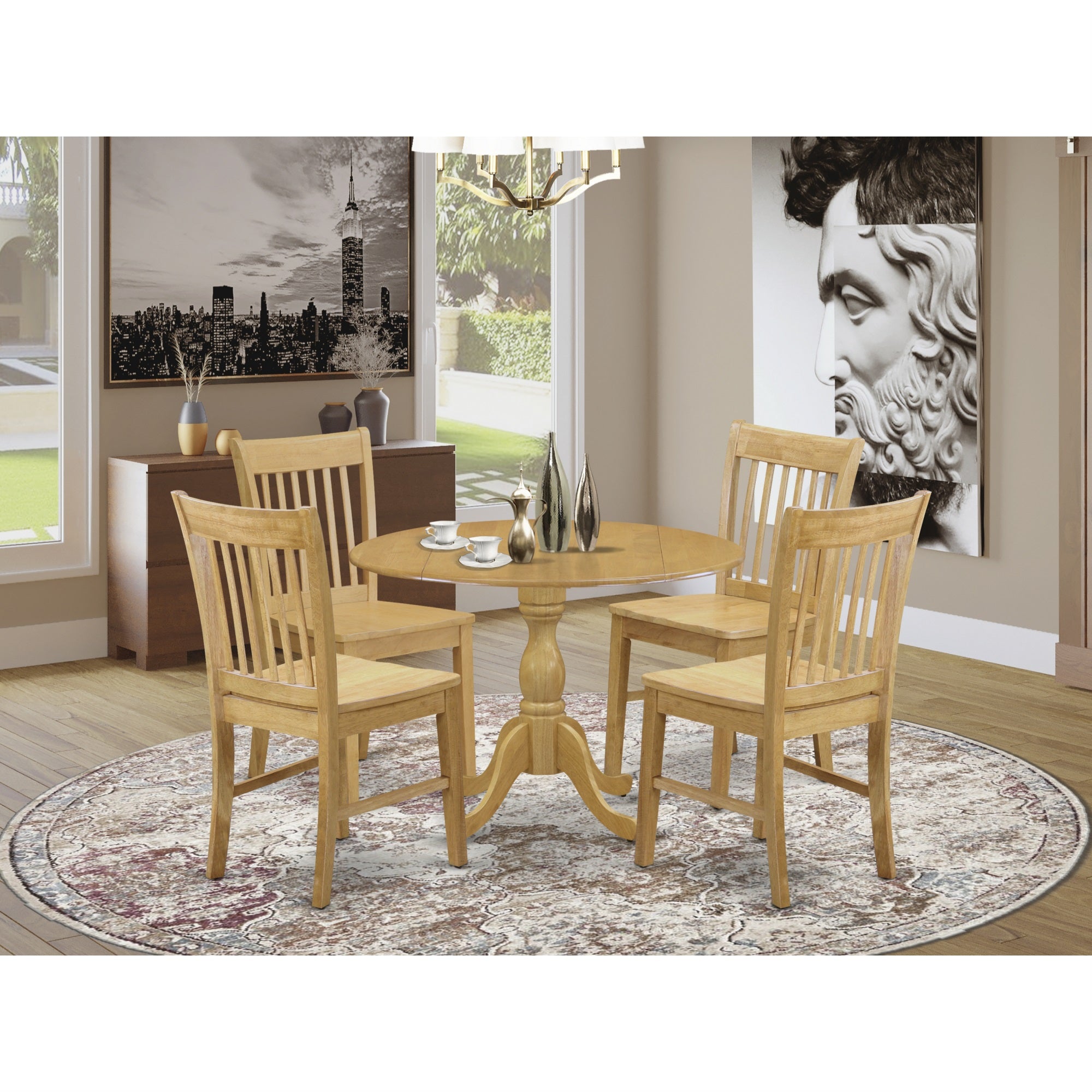 East West Furniture Dmnf5-Oak-W 5 Piece Dining Room Set - Oak Mid Century Modern Kitchen Table And 4 Oak Kitchen Chairs With Slatted Back - Oak Finish