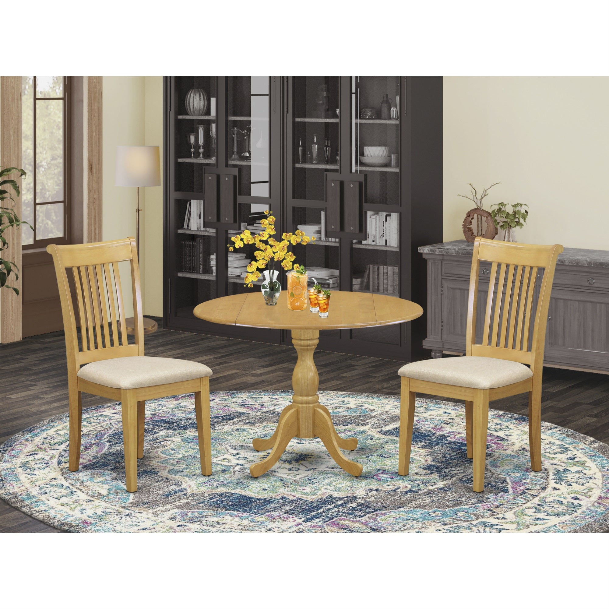 East West Furniture Dmpo3-Oak-C 3 Piece Dining Table Set - Oak Wood Dining Table And 2 Oak Linen Fabric Chairs For Dining Room With Slatted Back - Oak Finish