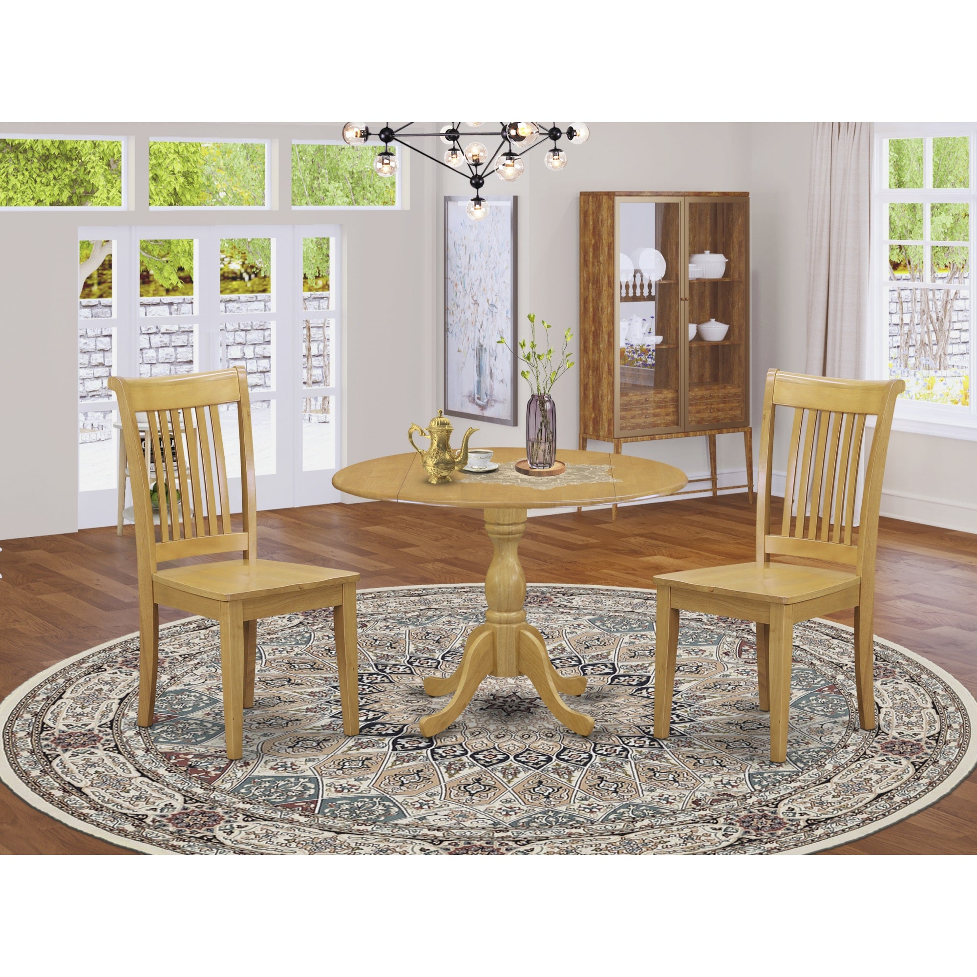 East West Furniture Dmpo3-Oak-W 3 Piece Modern Dining Room Table Set - Oak Dining Room Table And 2 Oak Wooden Dining Chairs With Slatted Back - Oak Finish
