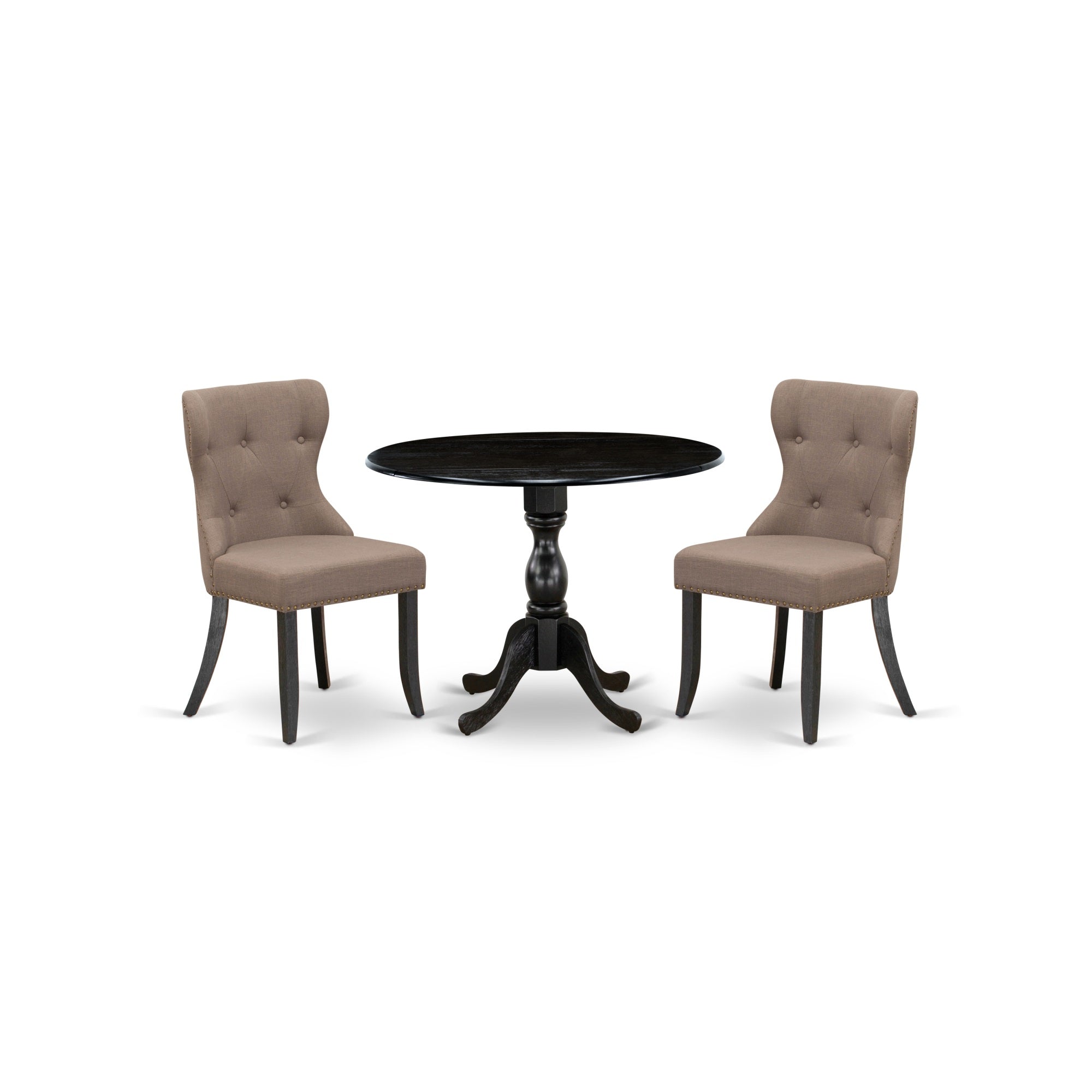 East West Furniture Dmsi3-Abk-48 3 Piece Dining Set Consists Of 1 Drop Leaves Dining Table And 2 Coffee Linen Fabric Dining Chair Button Tufted Back With Nail Heads - Wire Brushed Black Finish