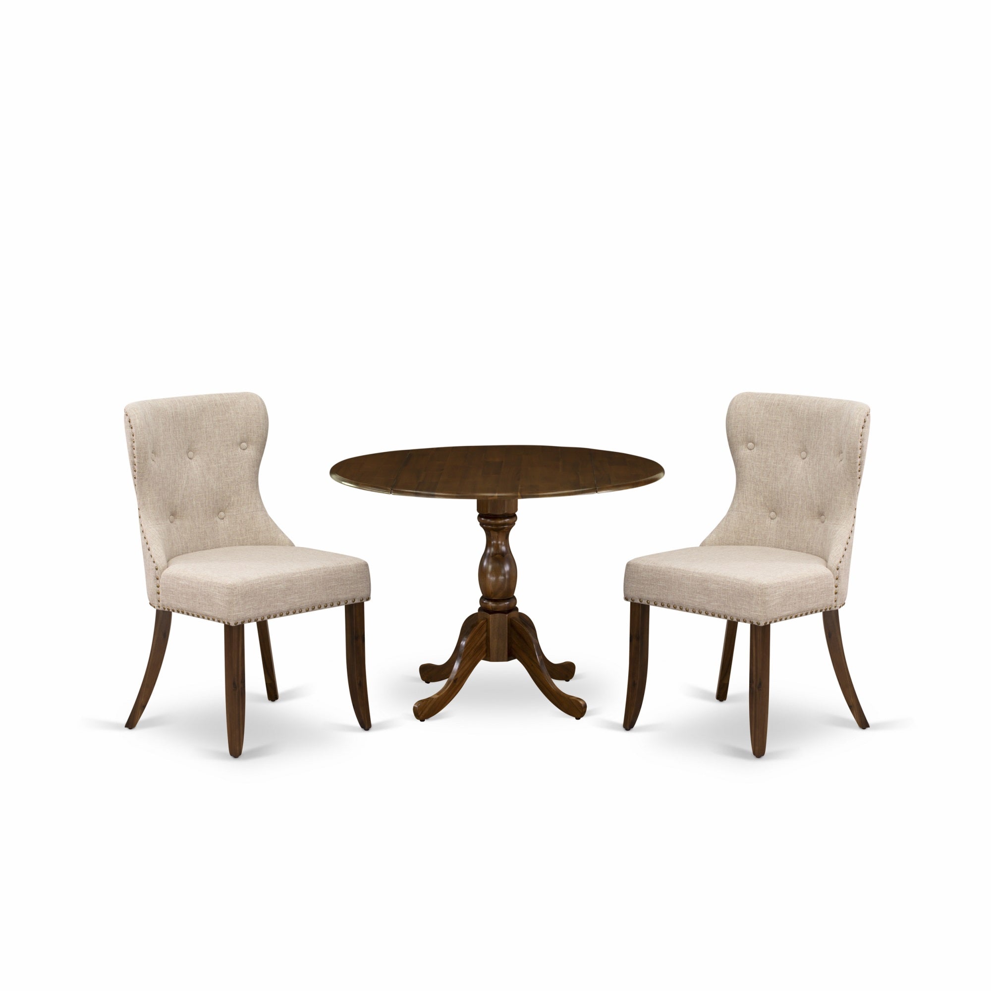East West Furniture Dmsi3-Awa-04 3 Piece Dining Table Set Includes 1 Drop Leaves Wooden Table And 2 Light Tan Linen Fabric Dinning Chairs Button Tufted Back White Nail Heads - Acacia Walnut Finish