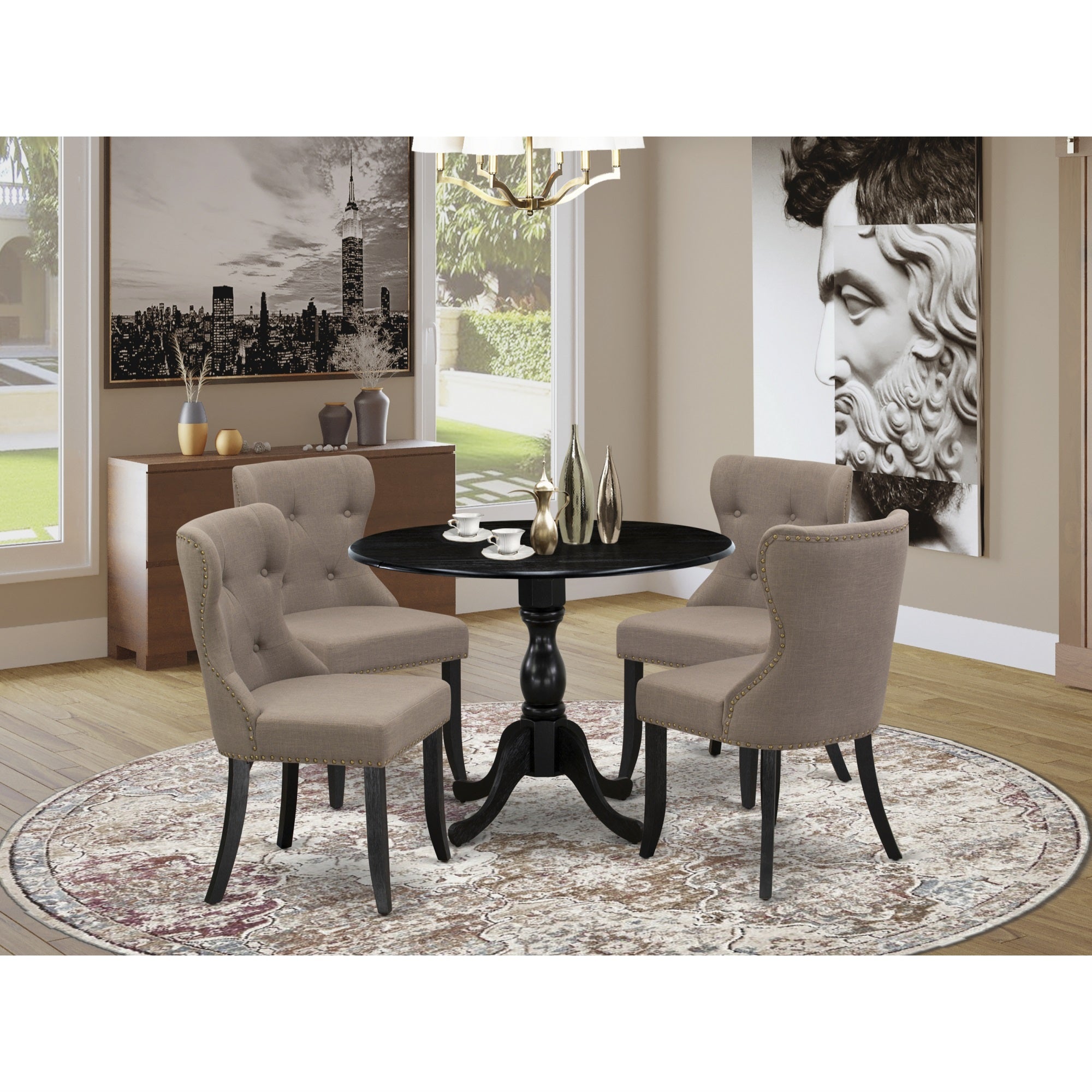East West Furniture Dmsi5-Abk-48 5 Piece Kitchen Table Set Contains 1 Drop Leaves Dining Table And 4 Coffee Linen Fabric Dining Chairs Button Tufted Back With Nail Heads - Wire Brushed Black Finish