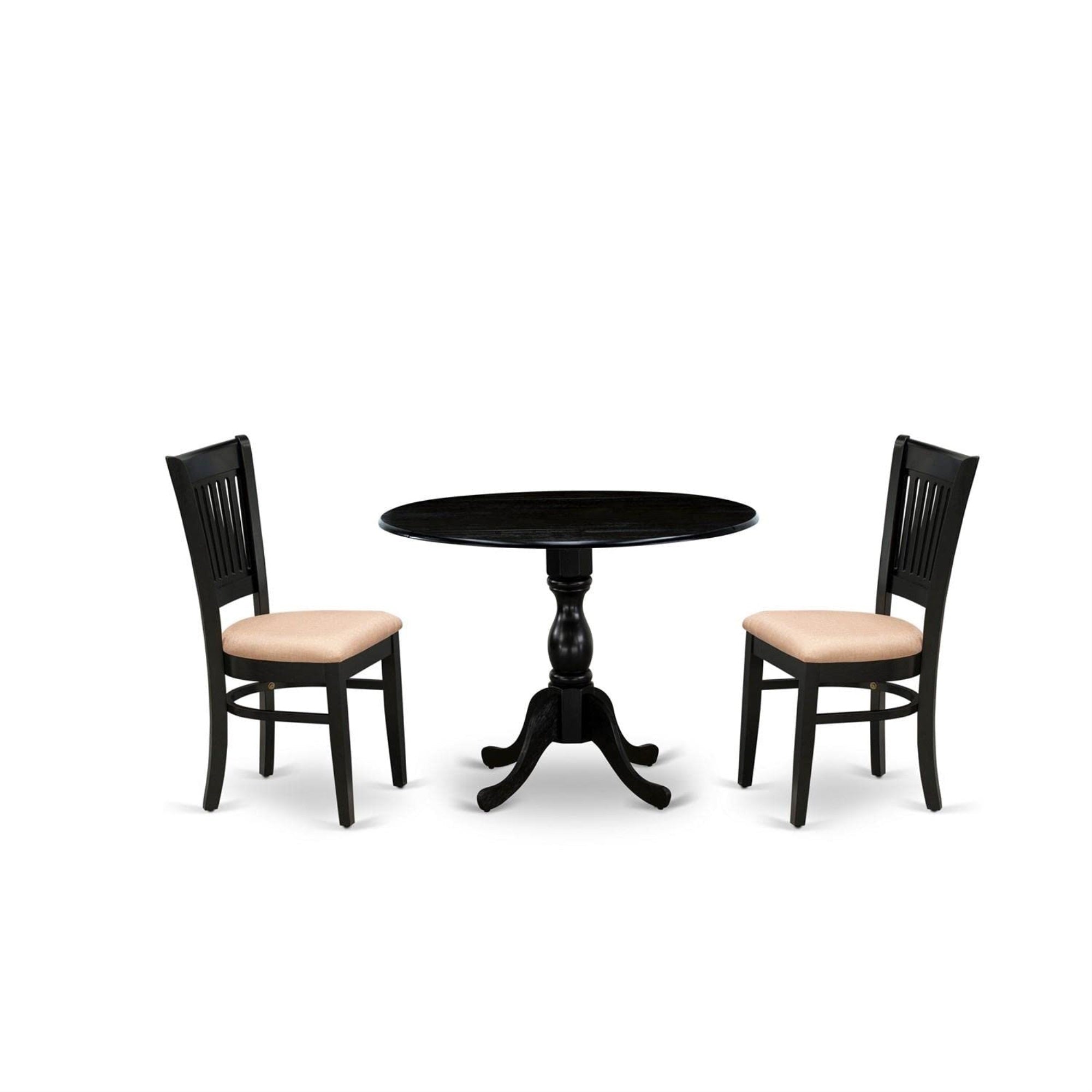 Casafoyer Dmva3-Blk-C 3 Piece Kitchen Table & Chairs Set Contains A Round Dining Room Table With Dropleaf And 2 Linen Fabric Upholstered Chairs, 42X42 Inch, Black
