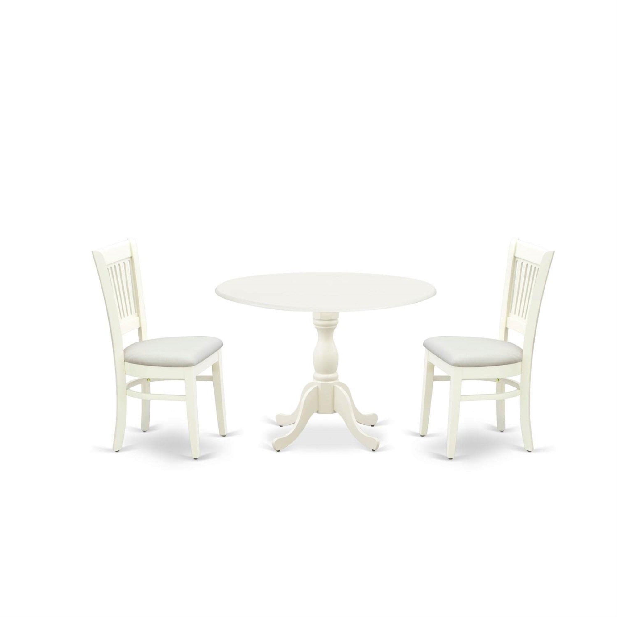 Casafoyer Dmva3-Lwh-C 3 Piece Dining Table Set For Small Spaces Contains A Round Dining Room Table With Dropleaf And 2 Linen Fabric Upholstered Chairs, 42X42 Inch, Linen White
