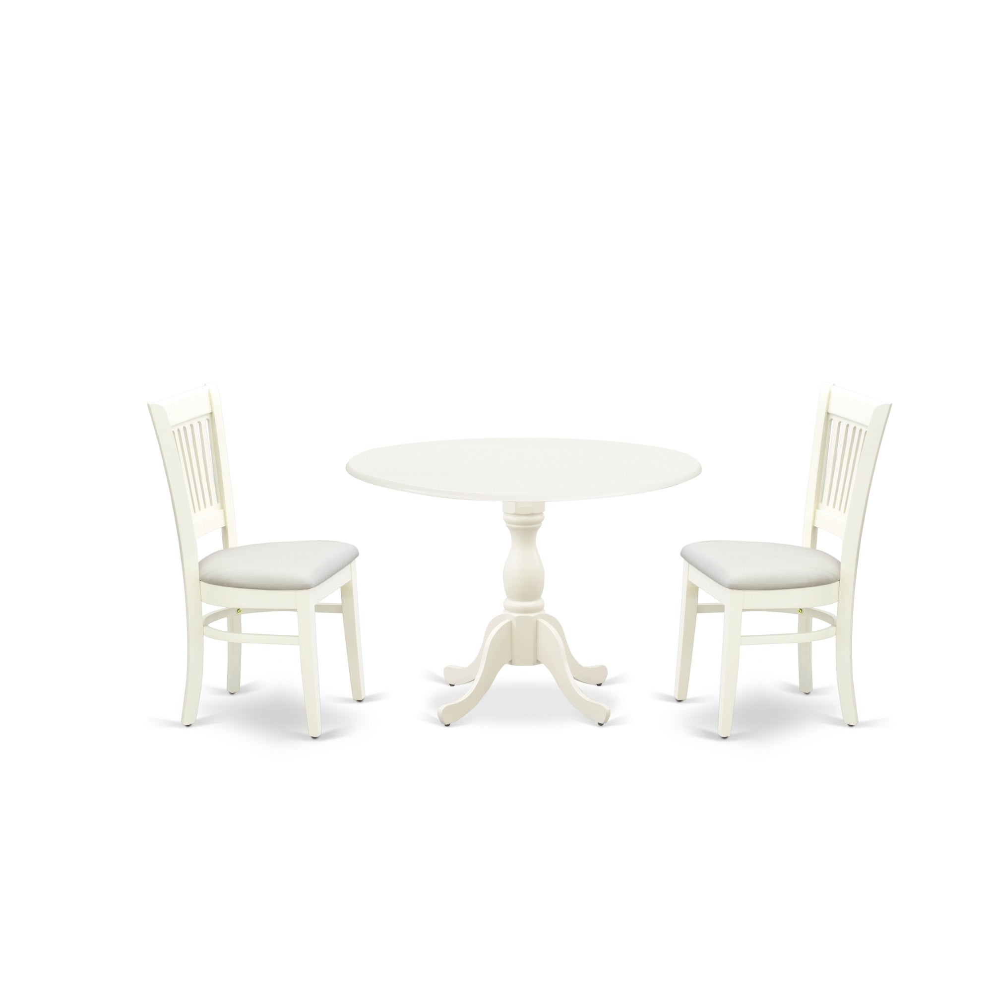 East West Furniture - Dmva3-Lwh-C - 3-Piece Modern Dining Table Set- 2 Mid Century Dining Chairs With Linen Fabric Seat And Slatted Chair Back - Drop Leave Dining Table - Linen White Finish