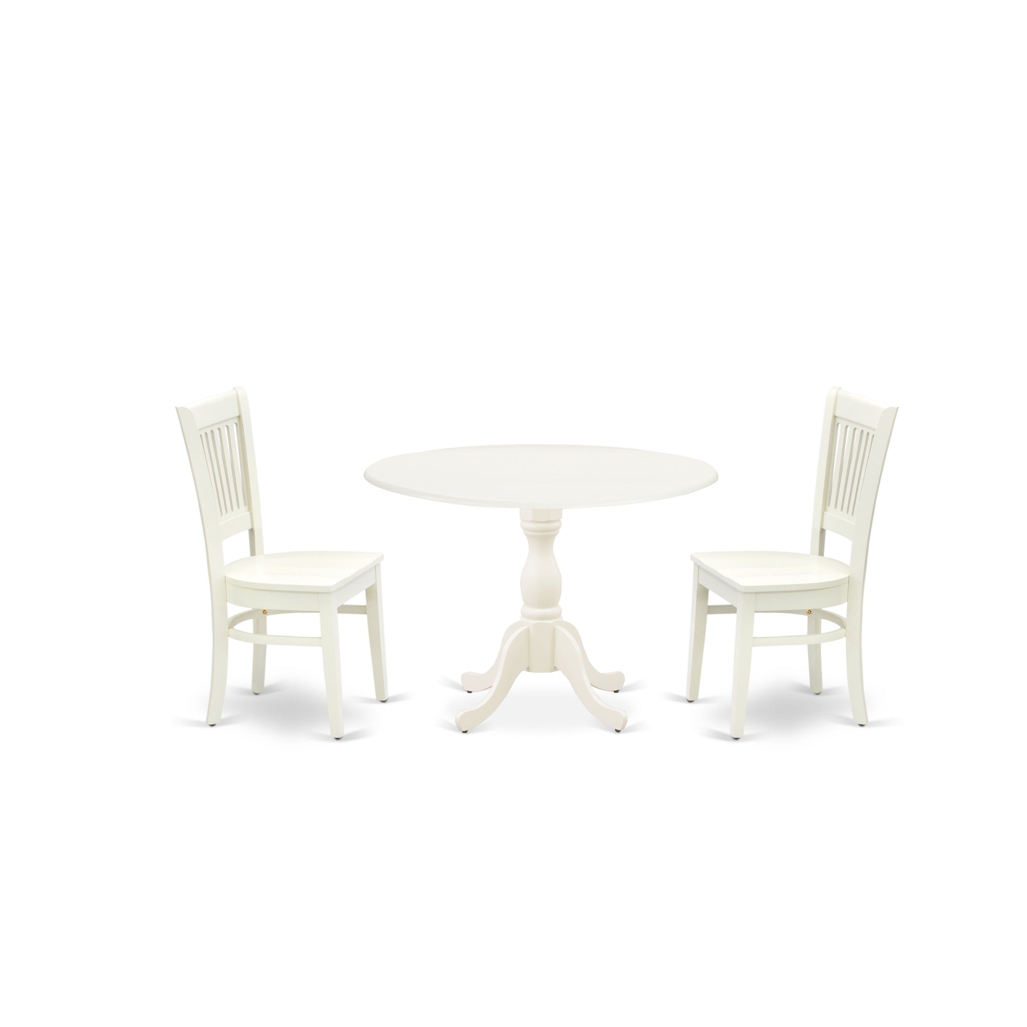 East West Furniture - Dmva3-Lwh-W - 3-Pc Dining Room Table Set- 2 Wooden Chairs With Wooden Seat And Slatted Chair Back - Drop Leaves Kitchen Table - Linen White Finish