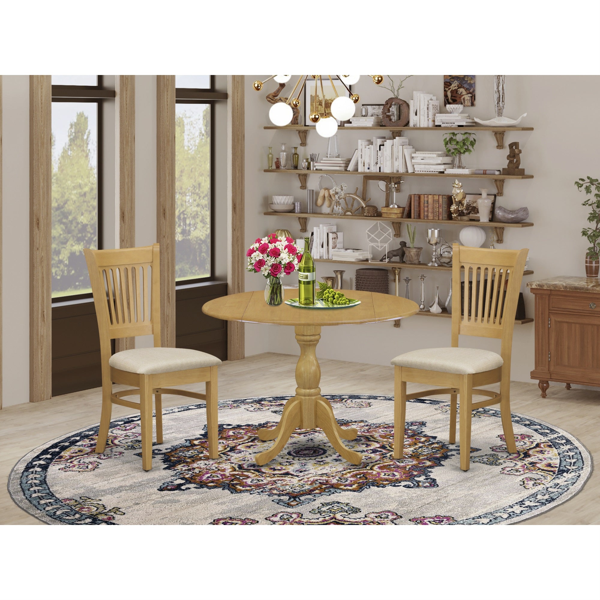 East West Furniture Dmva3-Oak-C 3 Piece Kitchen Dining Table Set - Oak Breakfast Table And 2 Oak Linen Fabric Dining Chairs With Slatted Back - Oak Finish