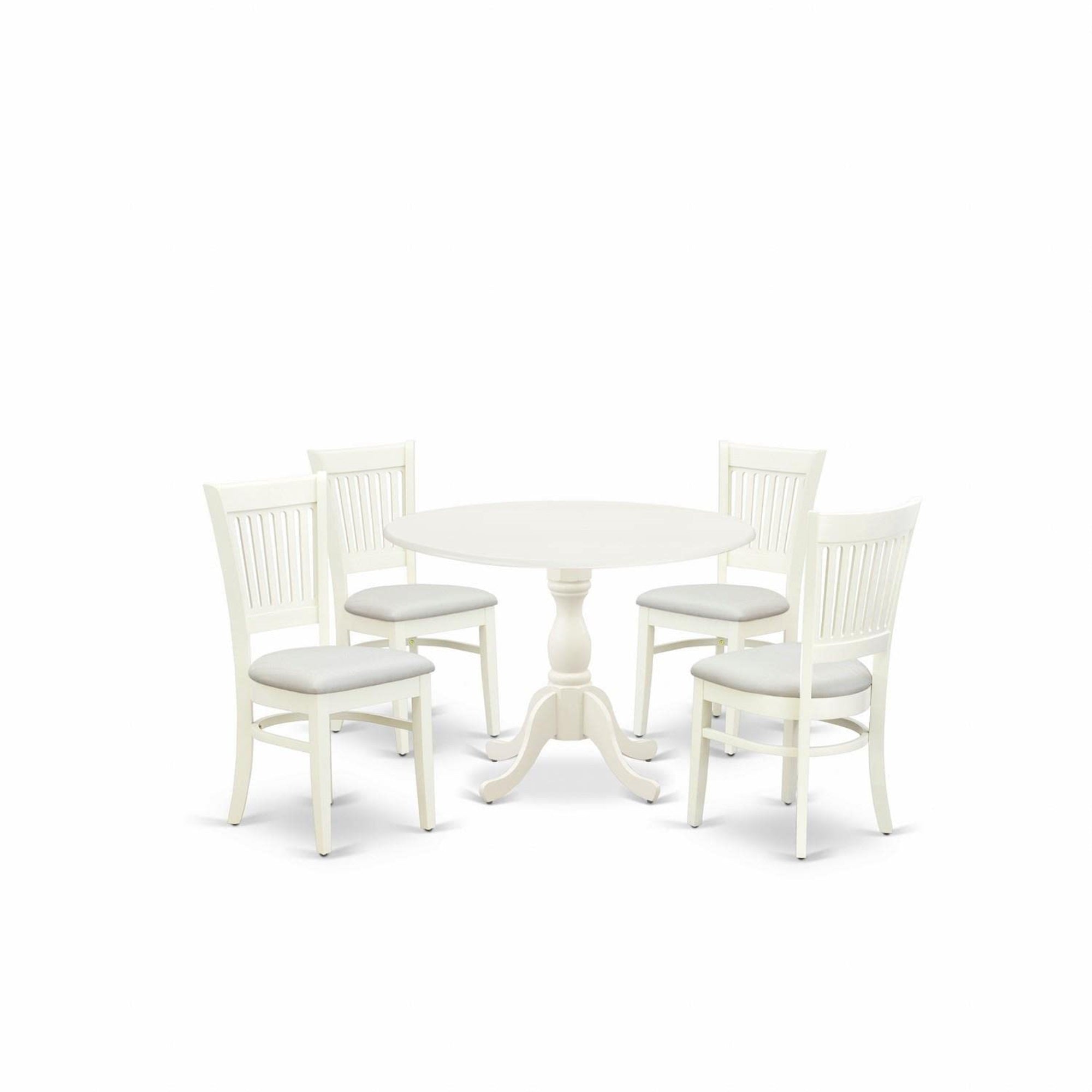 Casafoyer Dmva5-Lwh-C 5 Piece Kitchen Table Set For 4 Includes A Round Dining Room Table With Dropleaf And 4 Linen Fabric Upholstered Dining Chairs, 42X42 Inch, Linen White