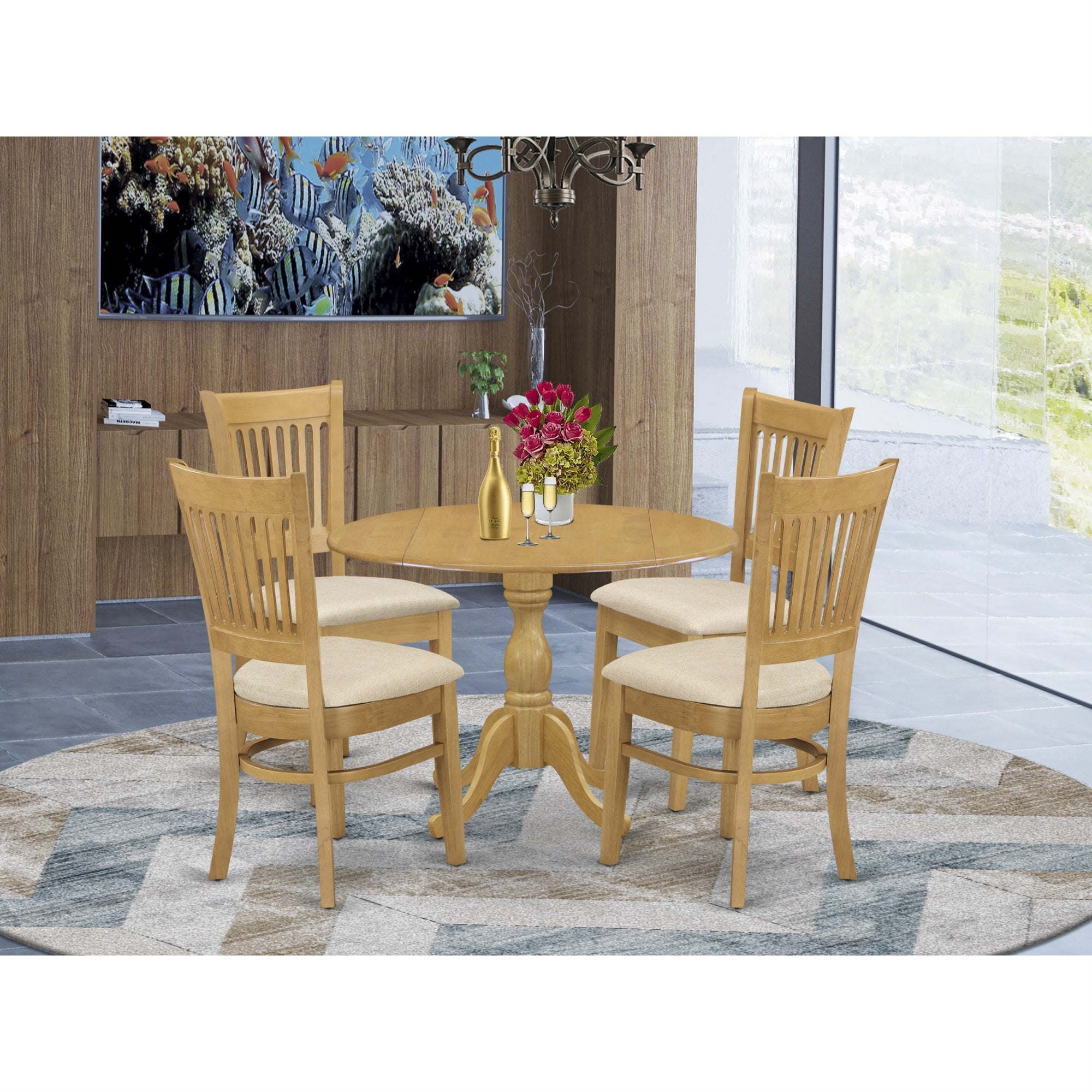 East West Furniture Dmva5-Oak-C 5 Piece Modern Dining Table Set - Oak Dinner Table And 4 Oak Linen Fabric Dining Room Chairs With Slatted Back - Oak Finish