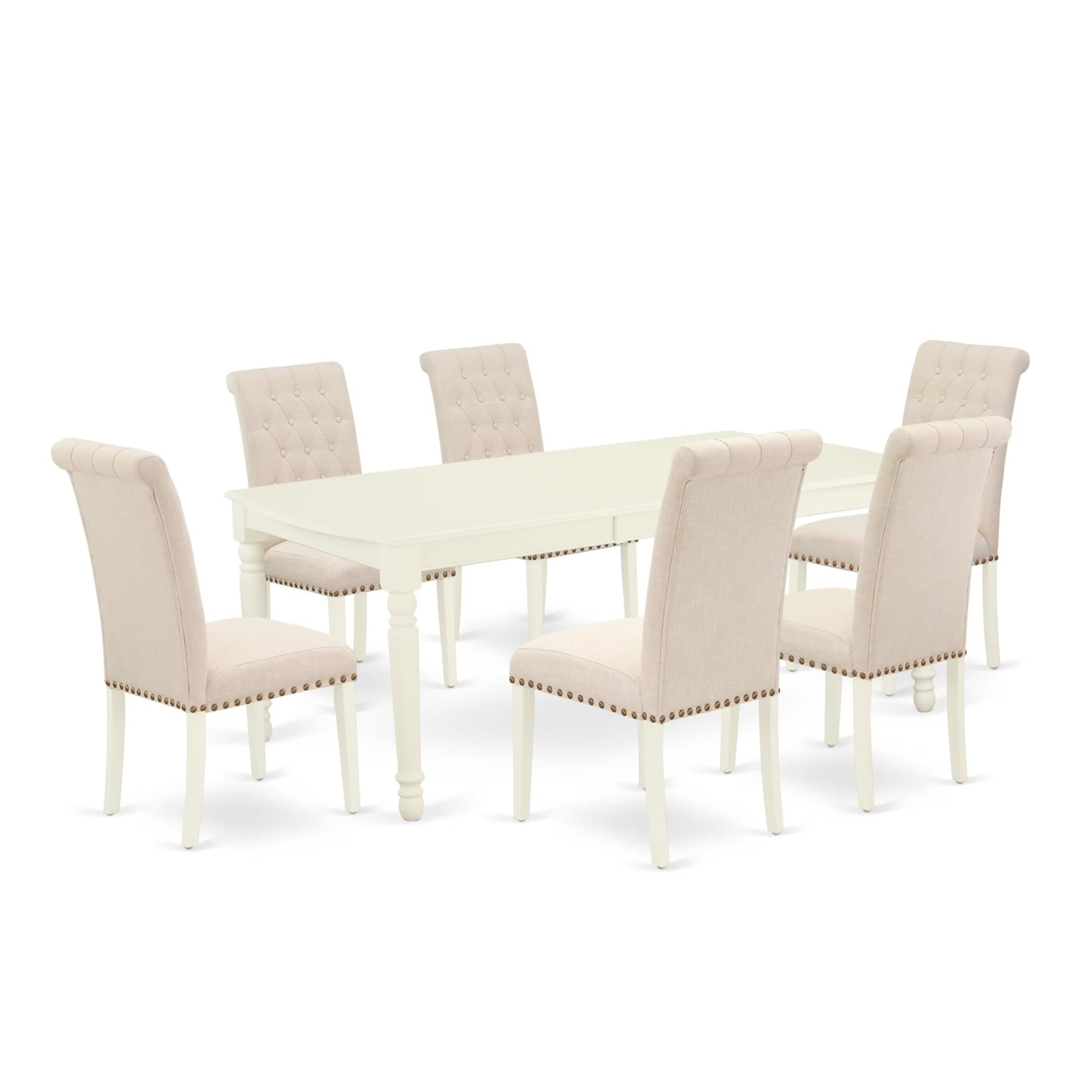 Casafoyer Dobr7-Lwh-02 7 Piece Dining Table Set Consist Of A Rectangle Table With  Leaf And 6 Light Beige Linen Fabric Upholstered Chairs, 42X78 Inch, Linen White