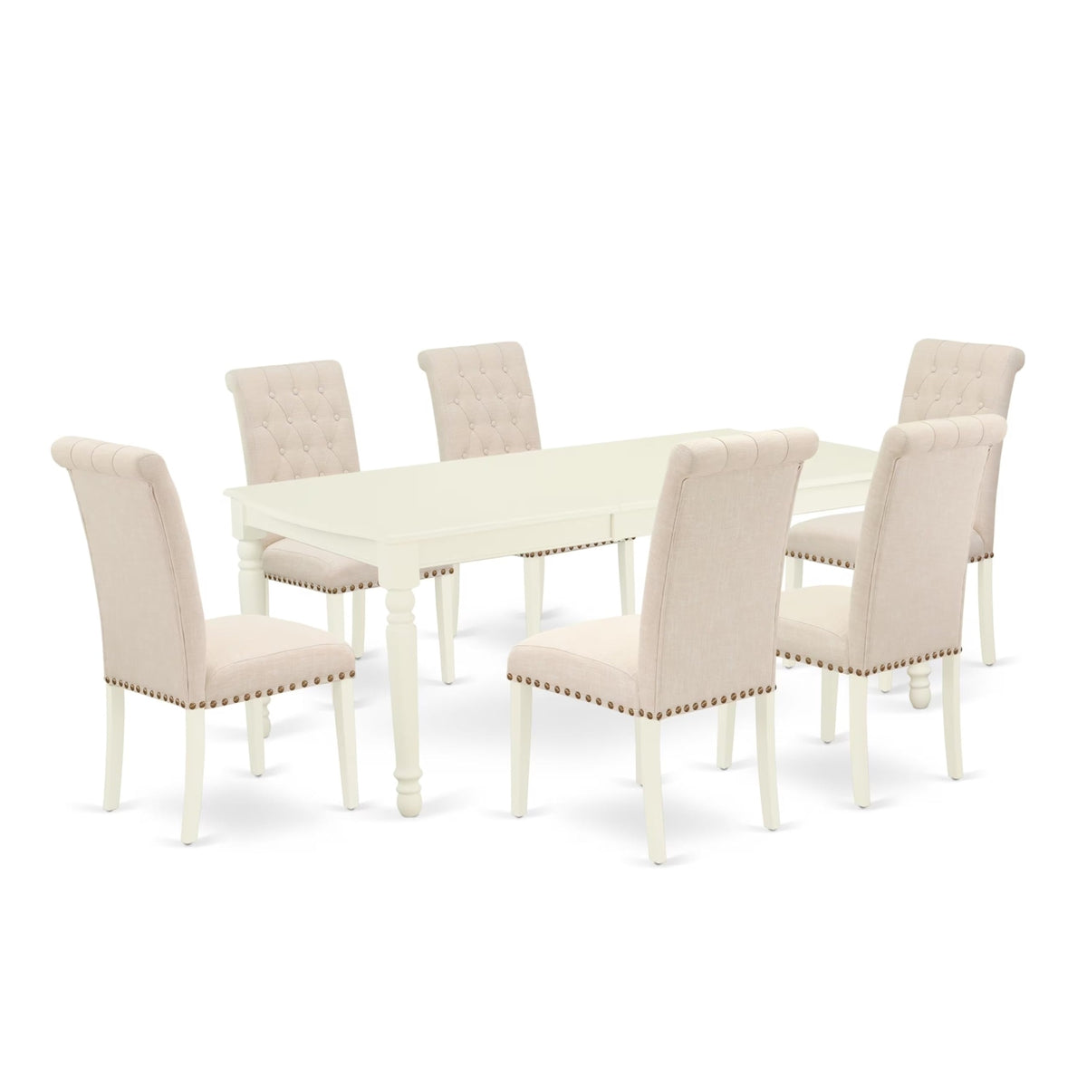 Casafoyer Dobr7-Lwh-02 7 Piece Dining Table Set Consist Of A Rectangle Table With  Leaf And 6 Light Beige Linen Fabric Upholstered Chairs, 42X78 Inch, Linen White