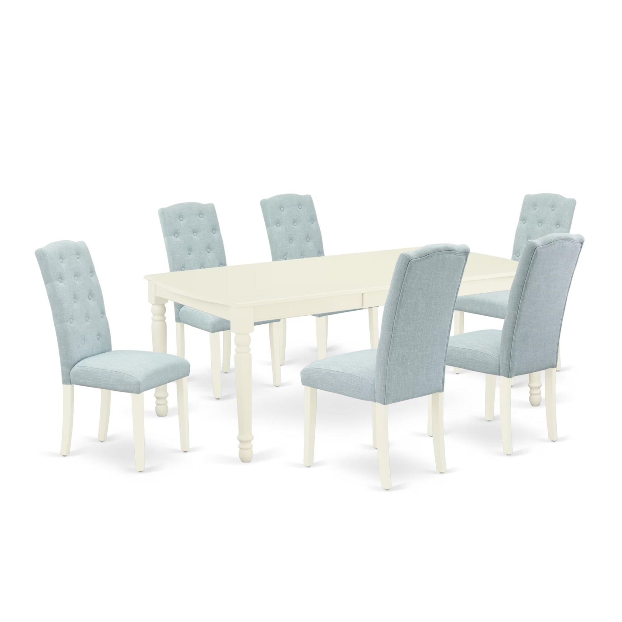 Casafoyer Doce7-Lwh-15 7 Piece Kitchen Table & Chairs Set Consist Of A Rectangle  Leaf Dining Table And 6 Baby Blue Linen Fabric Parson Chairs, 42X78 Inch, Linen White