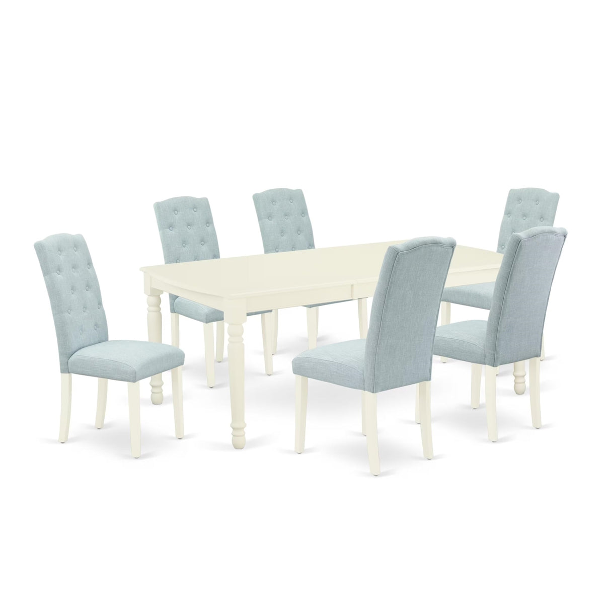 Casafoyer Doce7-Lwh-15 7 Piece Kitchen Table & Chairs Set Consist Of A Rectangle  Leaf Dining Table And 6 Baby Blue Linen Fabric Parson Chairs, 42X78 Inch, Linen White