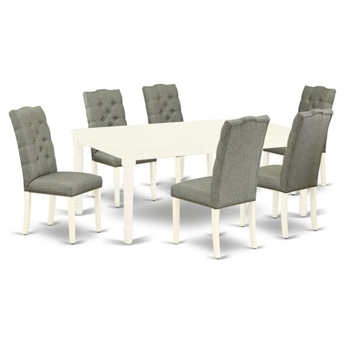 Casafoyer Doel7-Lwh-07 Dover 7 Piece Set Consist Of A Rectangle Dining Room Table With  Leaf And 6 Gray Fabric Upholstered Chairs, 42X78 Inch, Linen White
