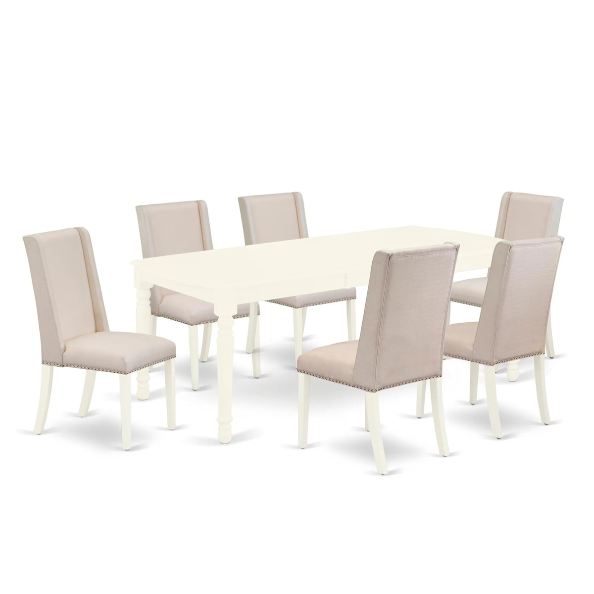 Casafoyer Dofl7-Lwh-01 Dover 7 Piece Dining Room Furniture Set Consist Of A Rectangle Wooden Table With  Leaf And 6 Cream Fabric Parson Chairs, 42X78 Inch, Linen White