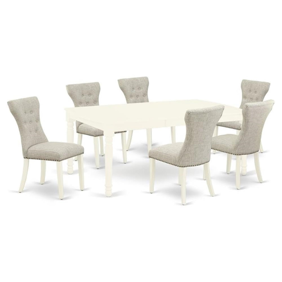 Casafoyer Doga7-Lwh-35 Dover 7 Piece Set Consist Of A Rectangle Dining Room Table With  Leaf And 6 Doeskin Fabric Upholstered Chairs, 42X78 Inch, Linen White