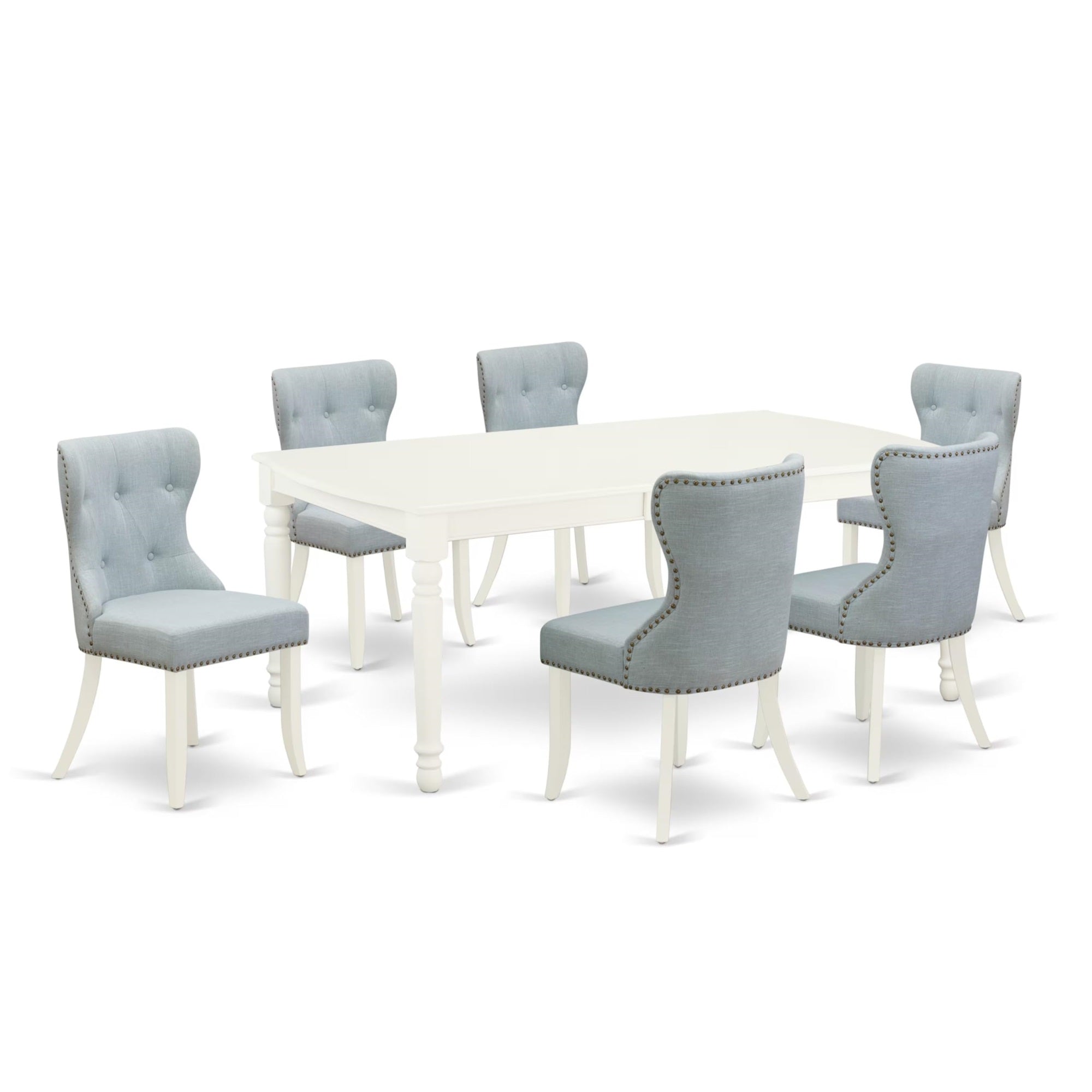 Casafoyer Dosi7-Lwh-15 Dover 7 Piece Kitchen Set Consist Of A Rectangle Table With  Leaf And 6 Baby Blue Linen Fabric Parson Dining Chairs, 42X78 Inch