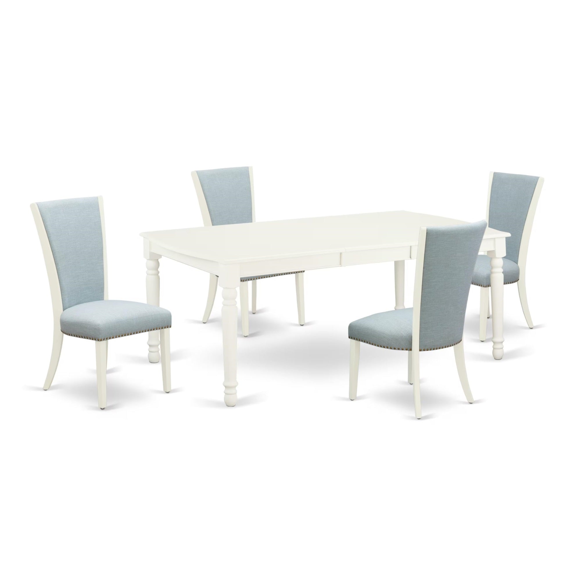 Casafoyer Dove5-Lwh-15 5 Piece Dining Table Set Includes A Rectangle Kitchen Table With  Leaf And 4 Baby Blue Linen Fabric Upholstered Chairs, 42X78 Inch, Linen White