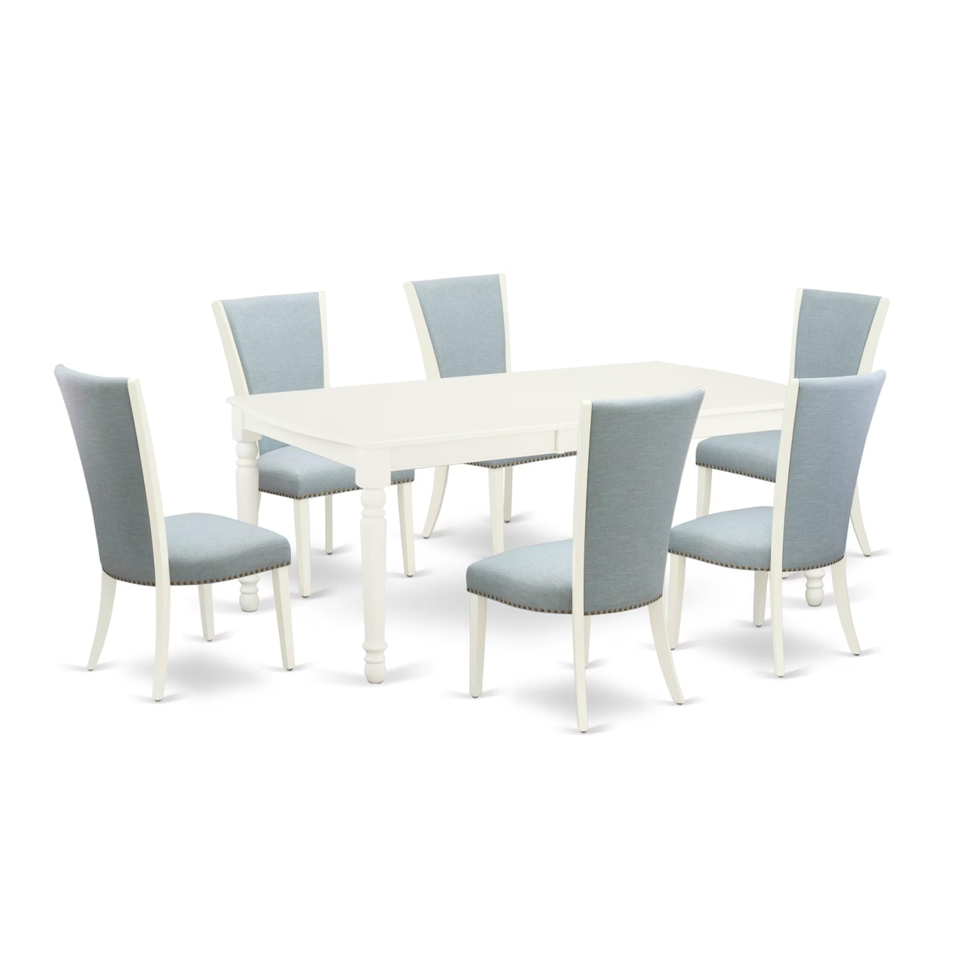 Casafoyer Dove7-Lwh-15 7 Piece Dinette Set Consist Of A Rectangle Dining Room Table With  Leaf And 6 Baby Blue Linen Fabric Parson Dining Chairs, 42X78 Inch, Linen White