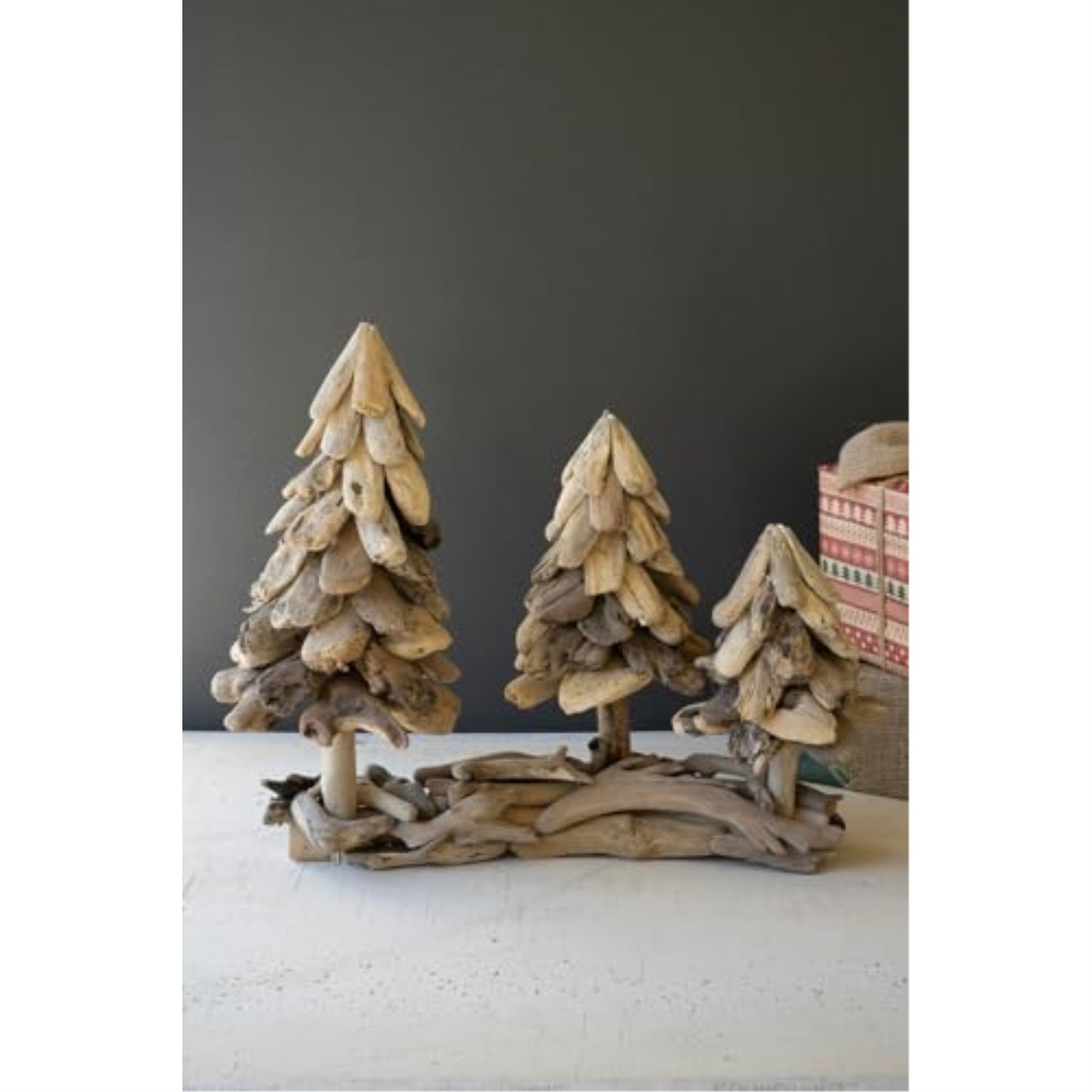 Three Driftwood Christmas Trees On A Base