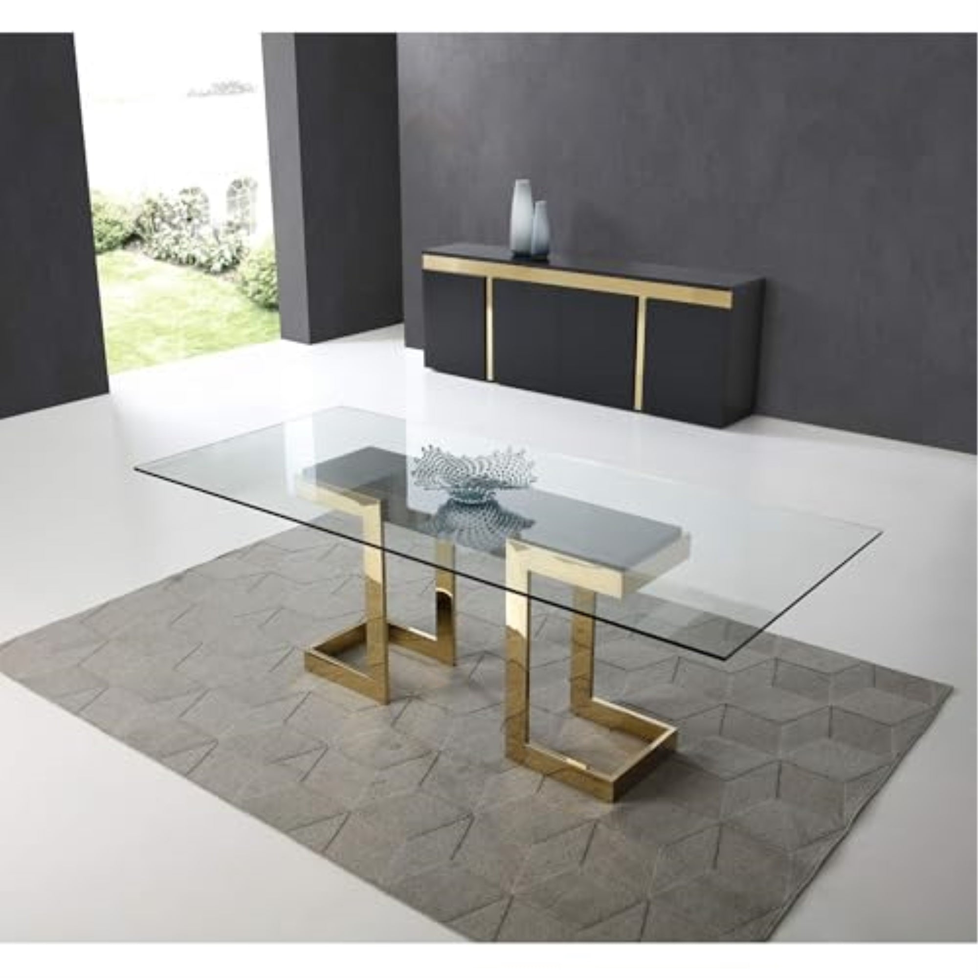 Sumo Rectangle Dining Table, 12mm clear tempered glass top, polished gold stainless steel base, ...