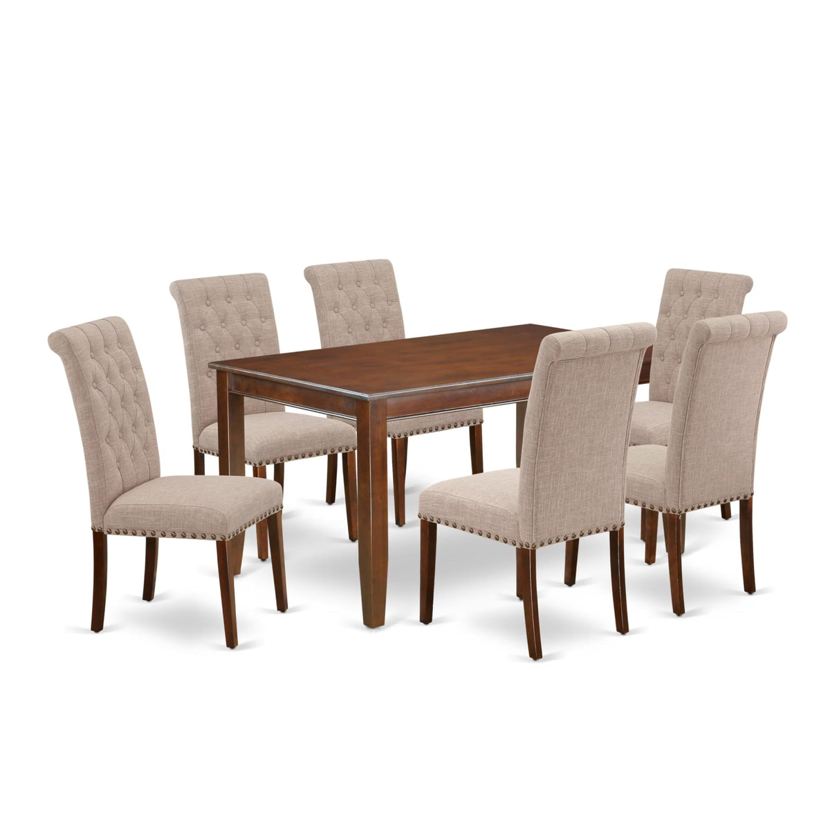 Casafoyer Dubr7-Mah-04 Dudley 7 Piece Set Consist Of A Rectangle Dining Room Table And 6 Light Tan Linen Fabric Upholstered Parson Chairs, 36X60 Inch, Mahogany