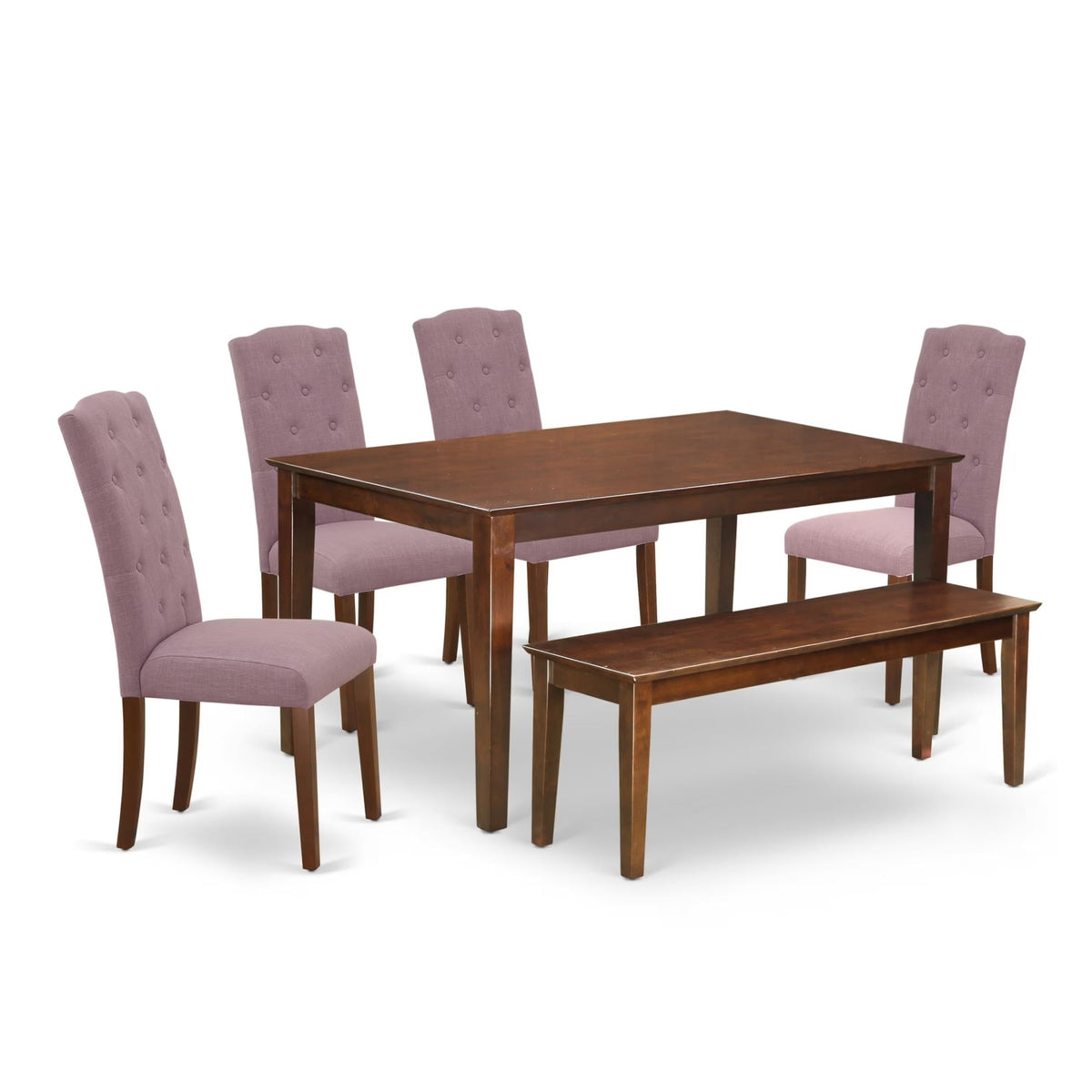 Casafoyer Duce6-Mah-10 Dudley 6 Piece Dining Set Contains A Rectangle Kitchen Table And 4 Dahlia Linen Fabric Parson Chairs With A Bench, 36X60 Inch, Mahogany