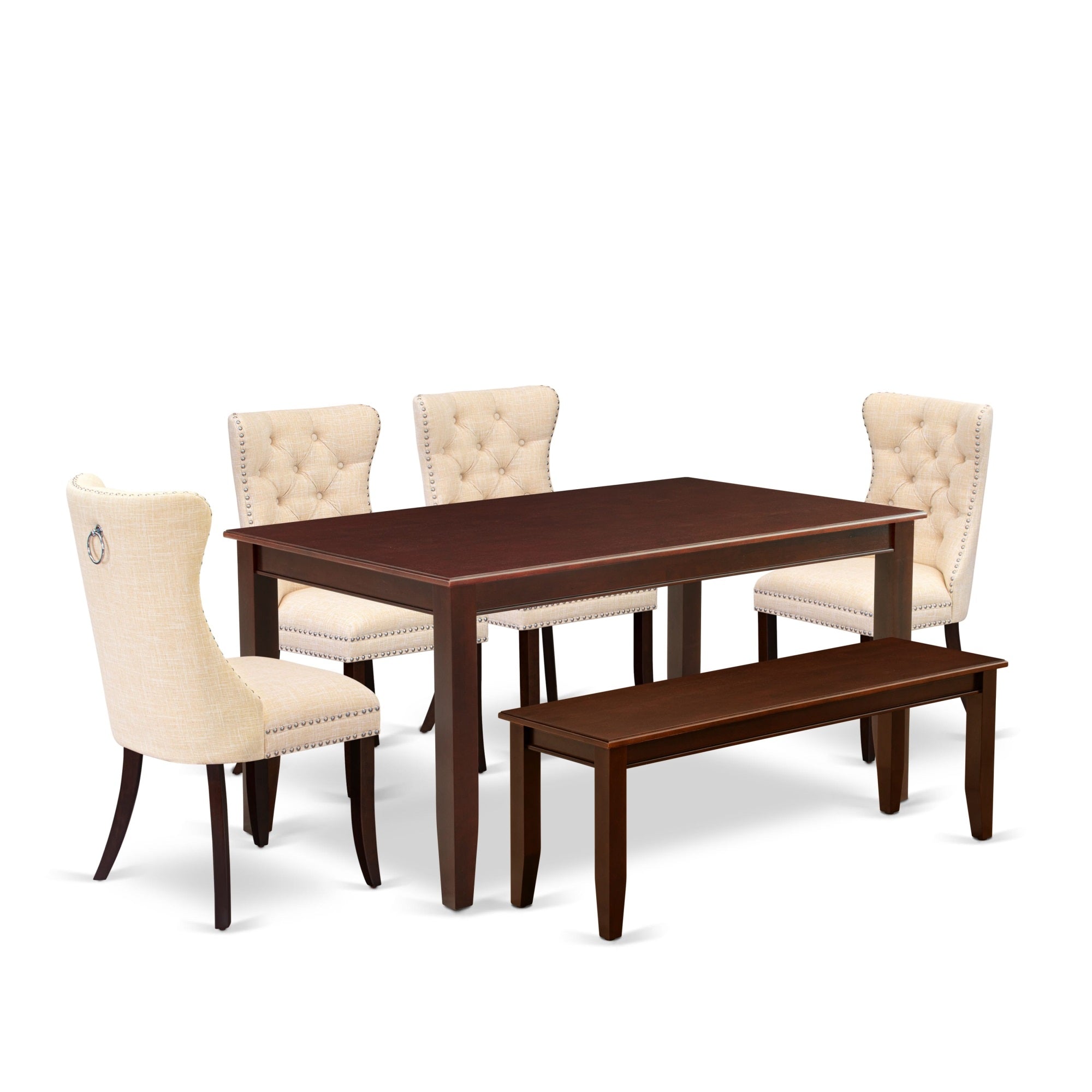 East West Furniture Duda6-Mah-32 6 Piece Dinette Set Includes A Rectangle Dining Table And 4 Padded Chairs With A Bench, 36X60 Inch, Mahogany