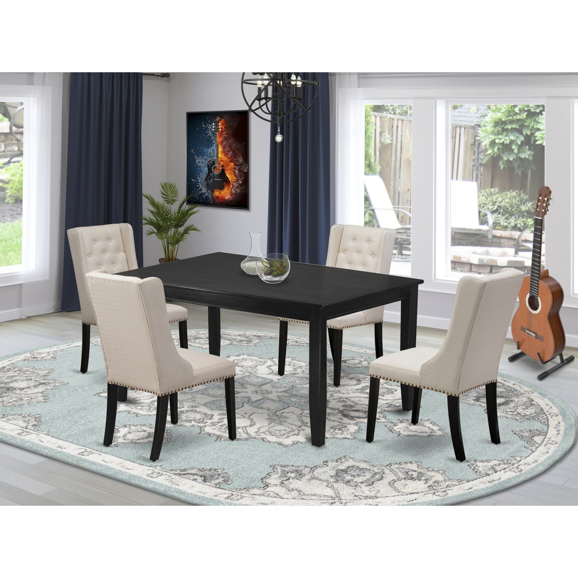 East West Furniture Dufo5-Blk-01 5-Pc Modern Dining Set Includes 1 Rectangular Dining Table And 4 Cream Linen Fabric Parson Chairs With Button Tufted Back - Black Finish